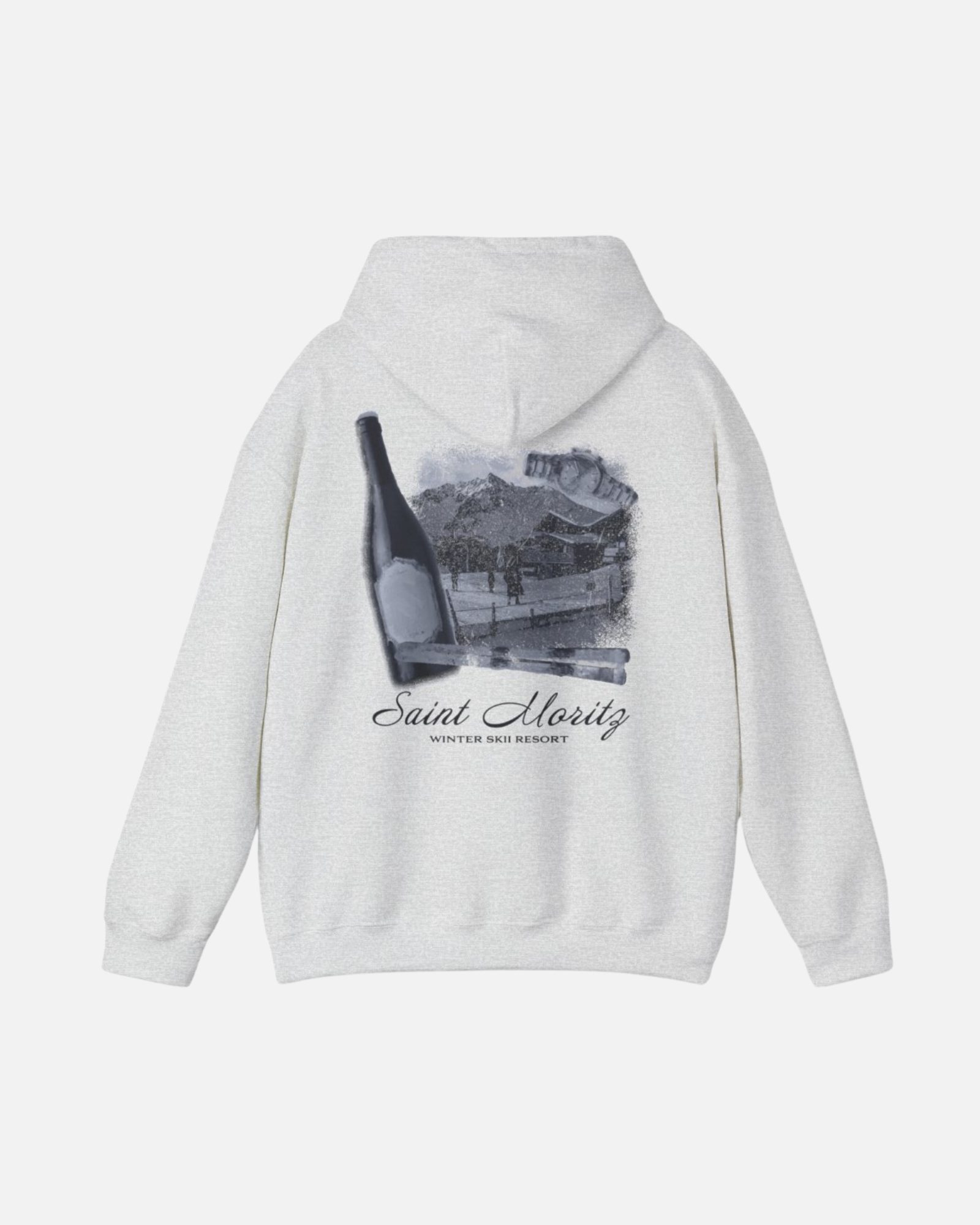 Back view of the Vandox sport grey ash Alpine Ski Club Hoodie featuring Saint Moritz winter resort graphic with champagne and cigar elements Starboy old money hoodie sweatshirt clothes vandox sacrevandox vandox clothes vandox clothing