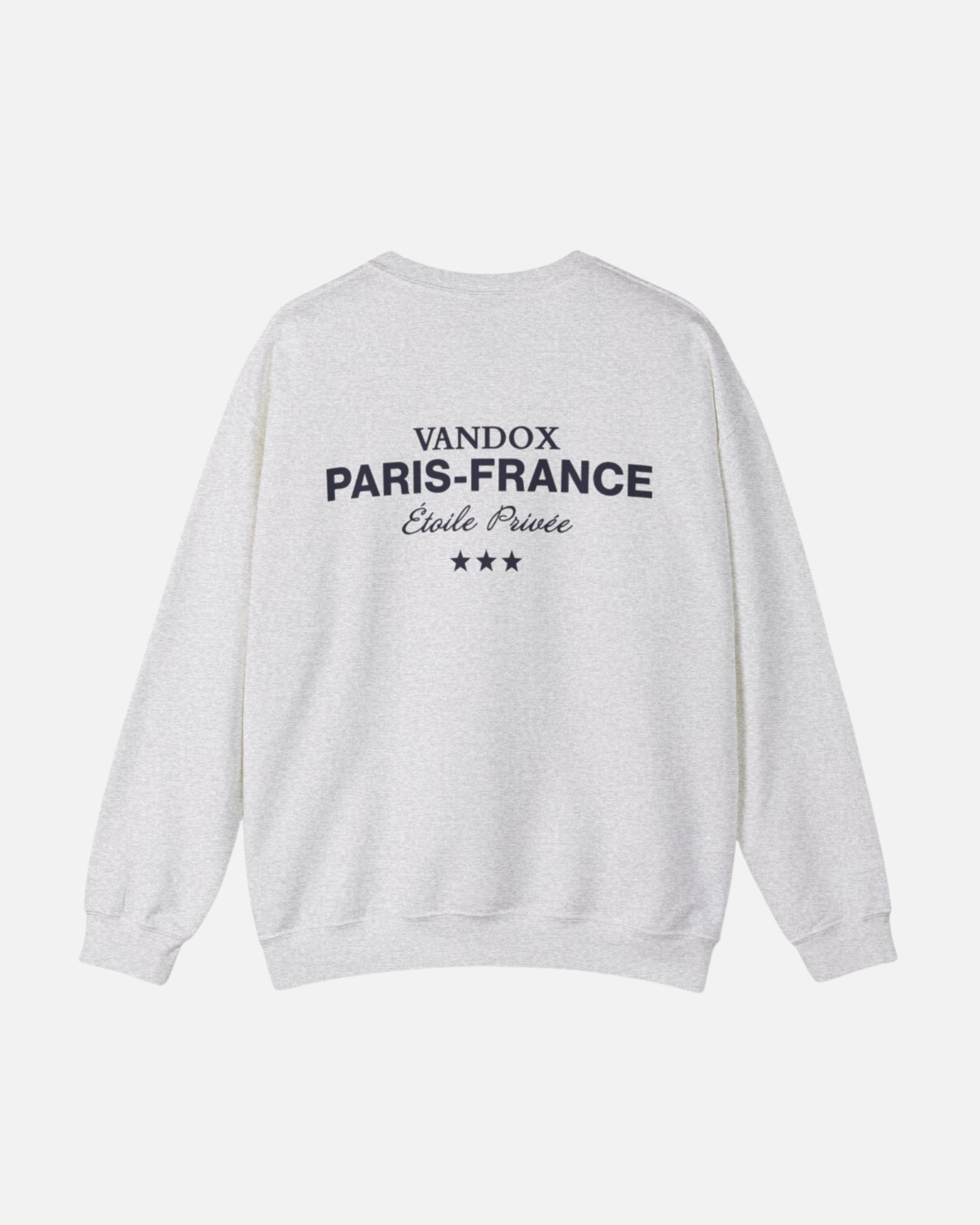 Back view of Vandox sport grey ash Paris Heritage Crewneck with “Vandox Paris–France Étoile Privée” text and star detail. Starboy old money hoodie sweatshirt clothes vandox sacrevandox vandox clothes vandox clothing