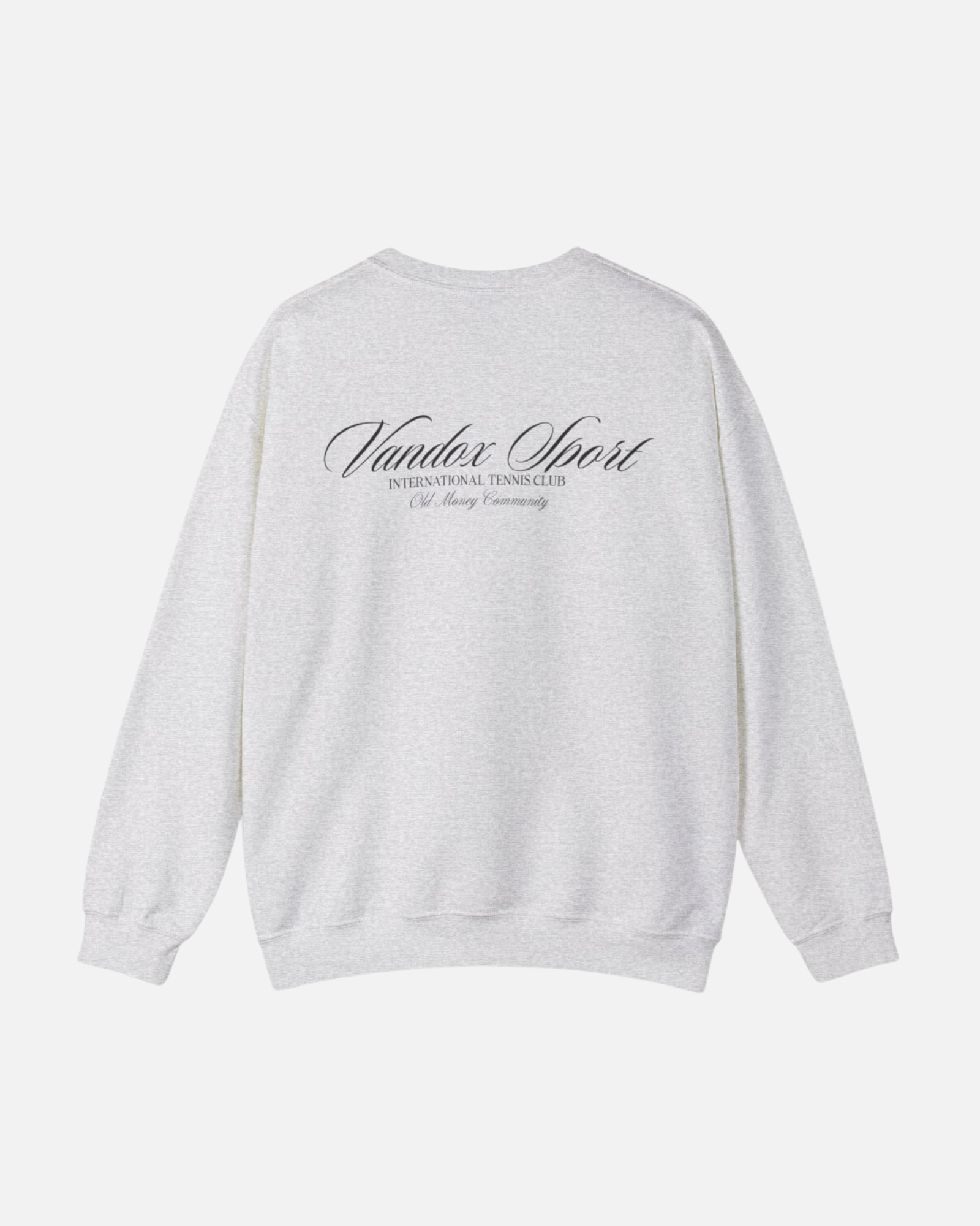 Back view of sport grey ash Vandox Sport Crewneck by Vandox with “International Tennis Club” script detailing. Starboy old money hoodie sweatshirt clothes vandox sacrevandox vandox clothes vandox clothing