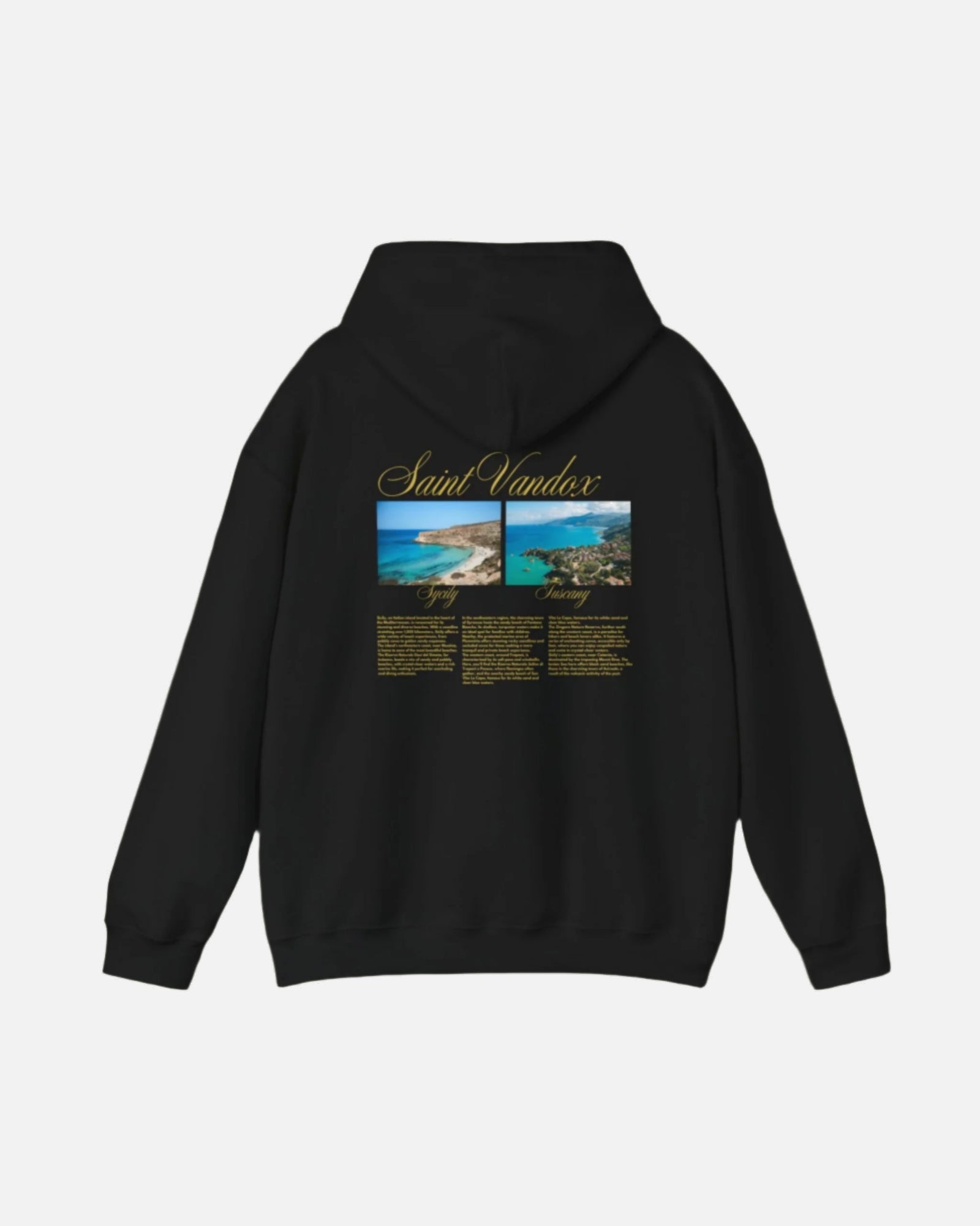Black hoodie featuring "Saint Vandox" in gold script, with images of Sardinia and Tuscany beaches and detailed descriptions on the back, offering a luxurious, travel-inspired design. Starboy old money hoodie sweatshirt clothes vandox sacrevandox vandox clothes vandox clothing