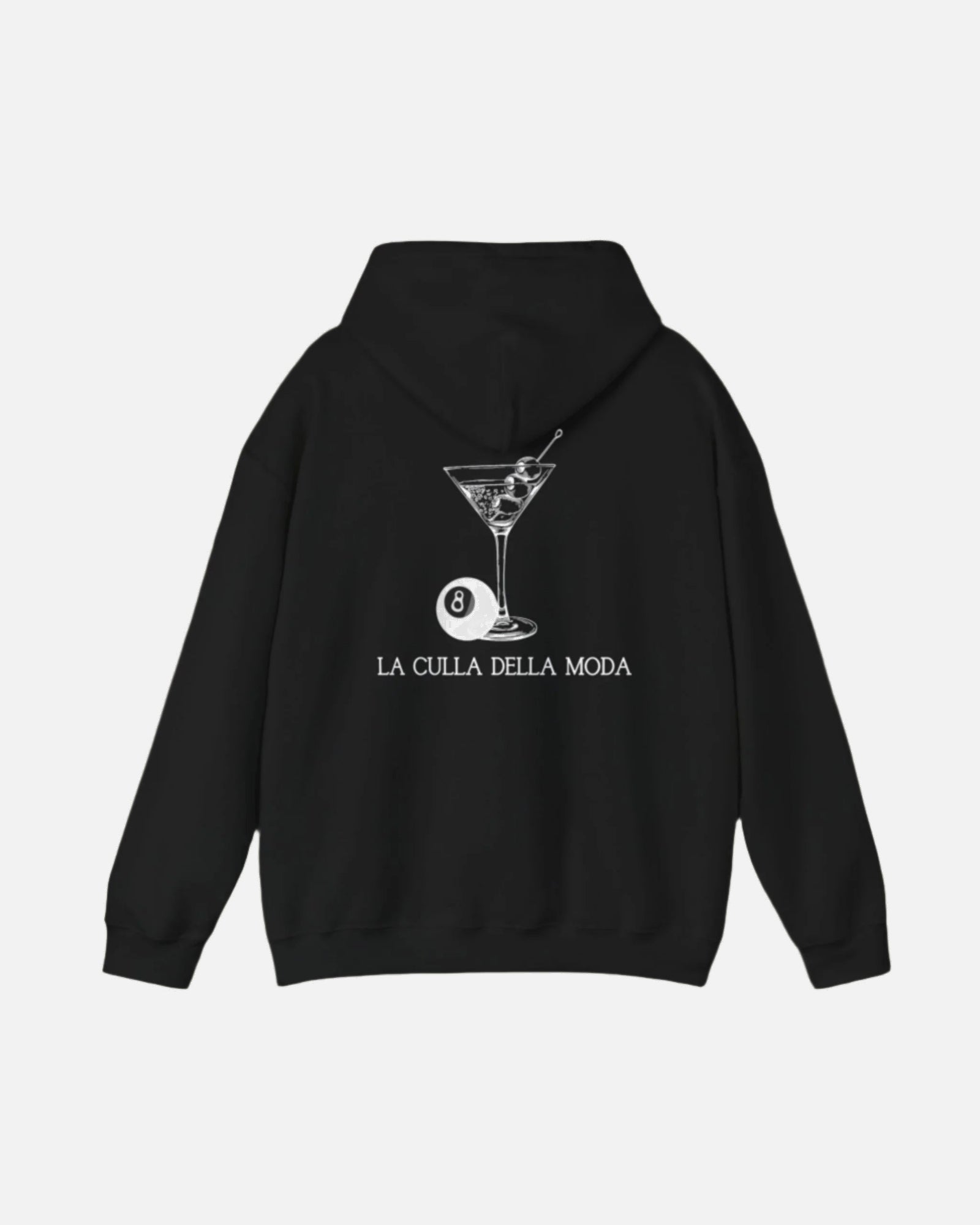 Black Vandox Hoodie with a martini glass, 8-ball, and the phrase "La Culla Della Moda" on the back. Starboy old money hoodie sweatshirt clothes vandox sacrevandox vandox clothes vandox clothing
