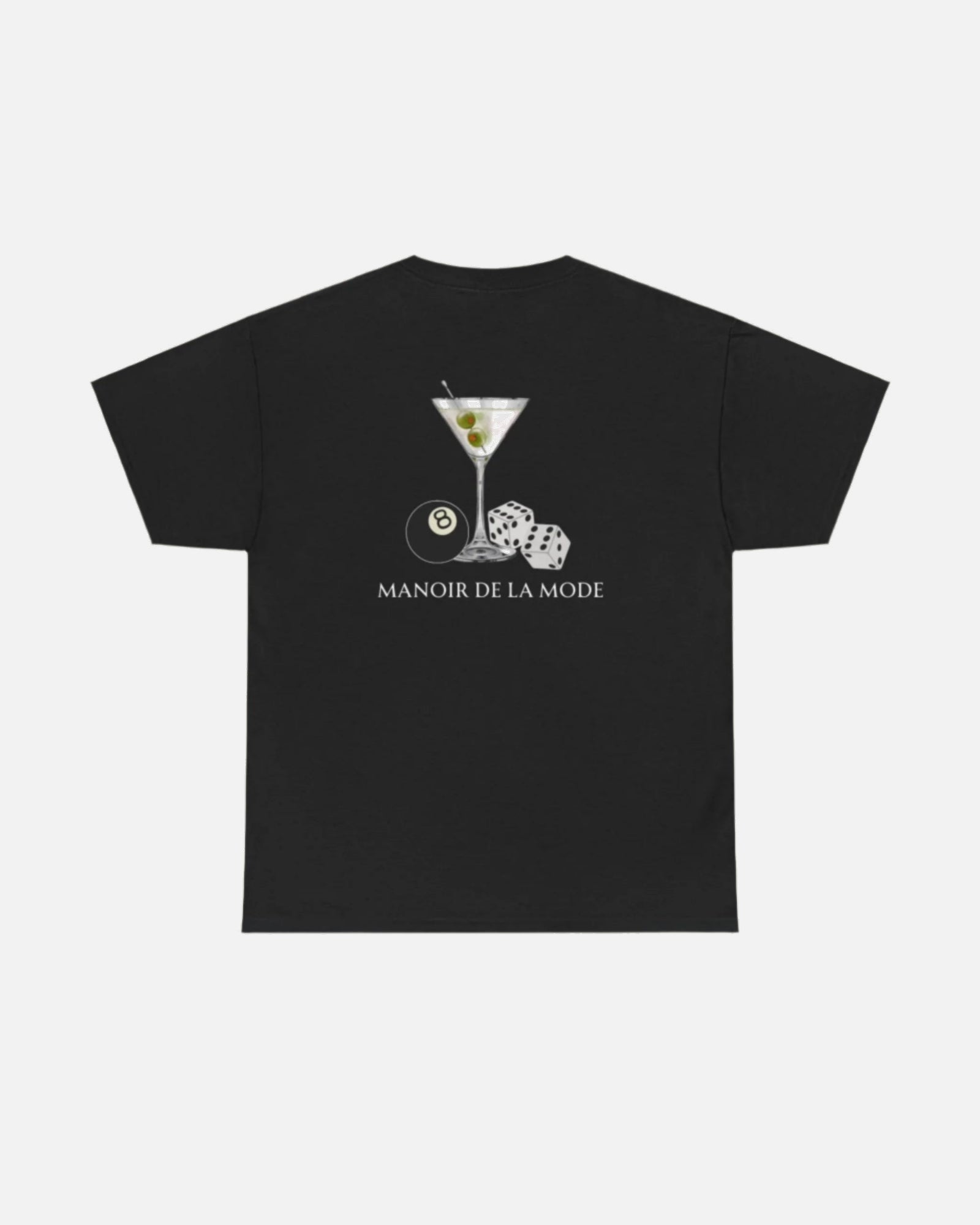 Black Vandox Manoir De La Mode T-shirt with a martini glass, dice, and an 8-ball illustration, paired with "Manoir de la Mode" text beneath. Starboy old money shirt tshirt clothes vandox sacrevandox vandox clothes vandox clothing