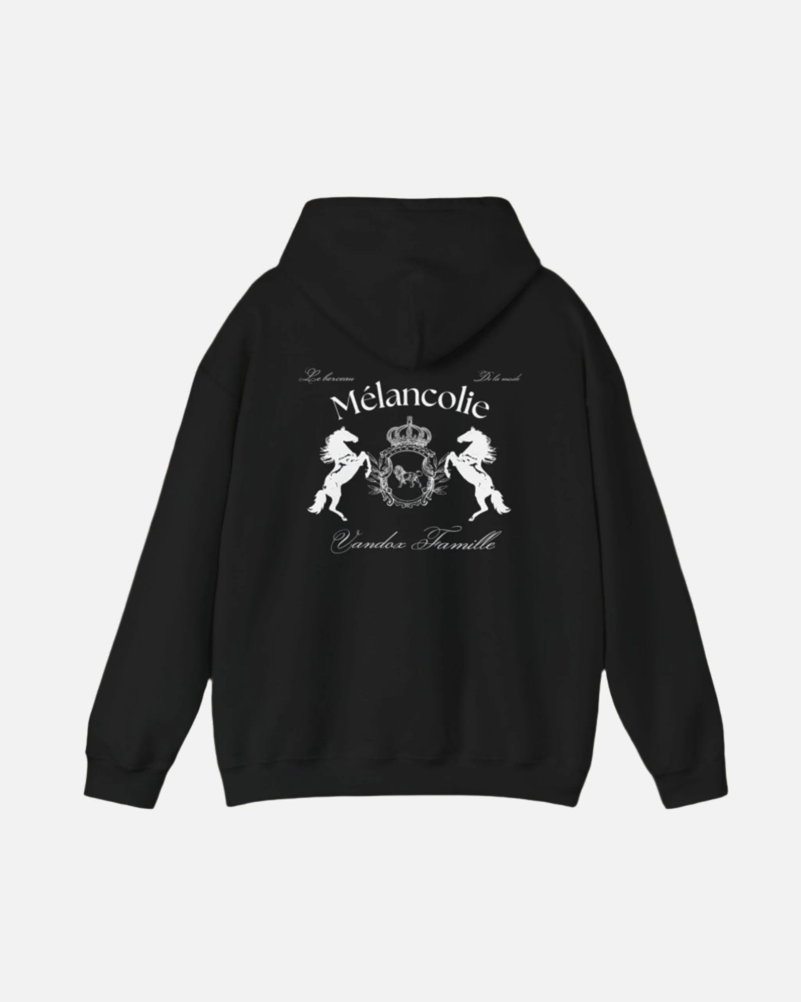 Black Vandox Hoodie with regal crest, two horses, and "Mélancolie" and "Vandox Famille" text on the back. Starboy old money hoodie sweatshirt clothes vandox sacrevandox vandox clothes vandox clothing