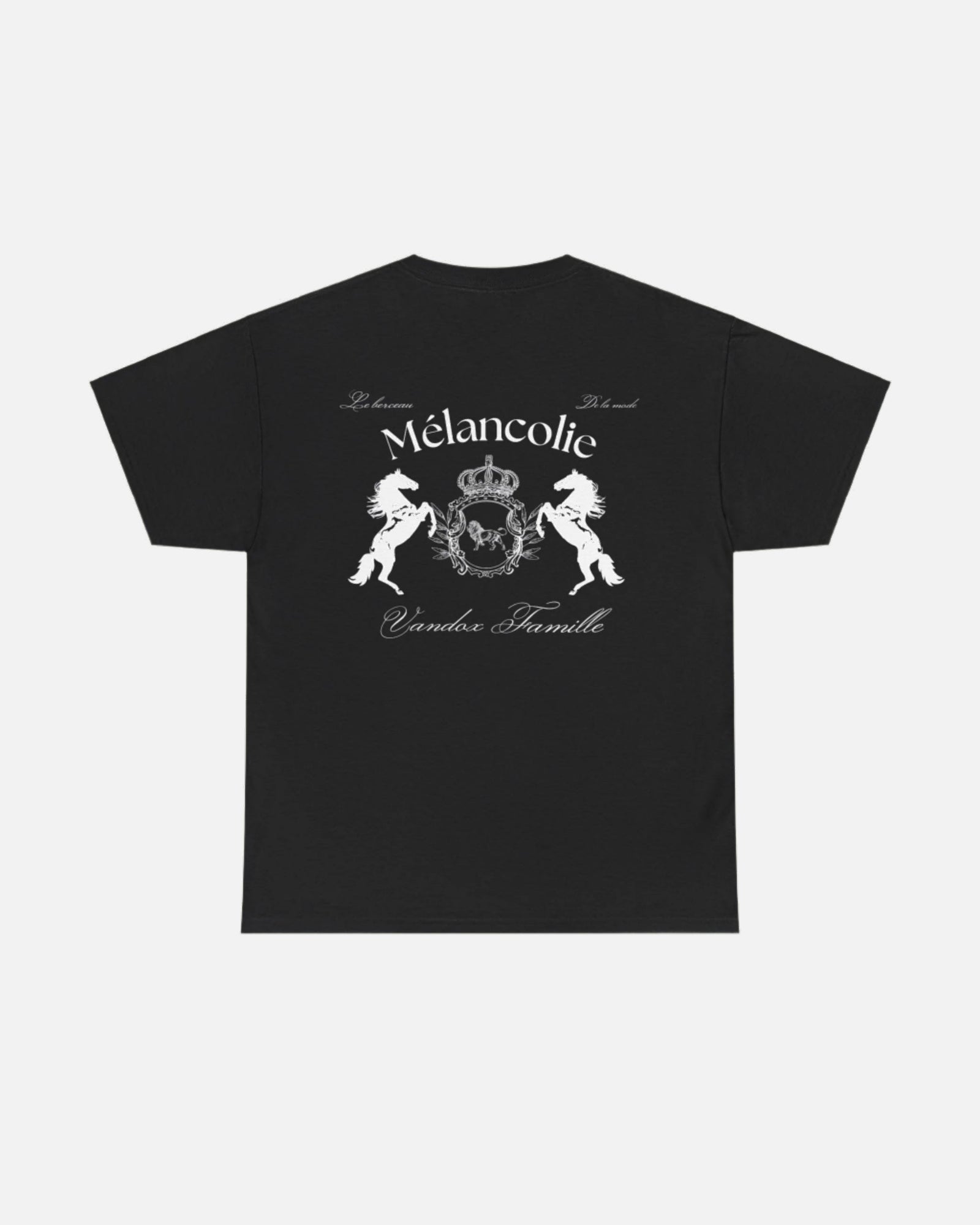 Black Vandox t-shirt with regal crest, two horses, and "Mélancolie" and "Vandox Famille" text on the back. Starboy old money shirt tshirt clothes vandox sacrevandox vandox clothes vandox clothing