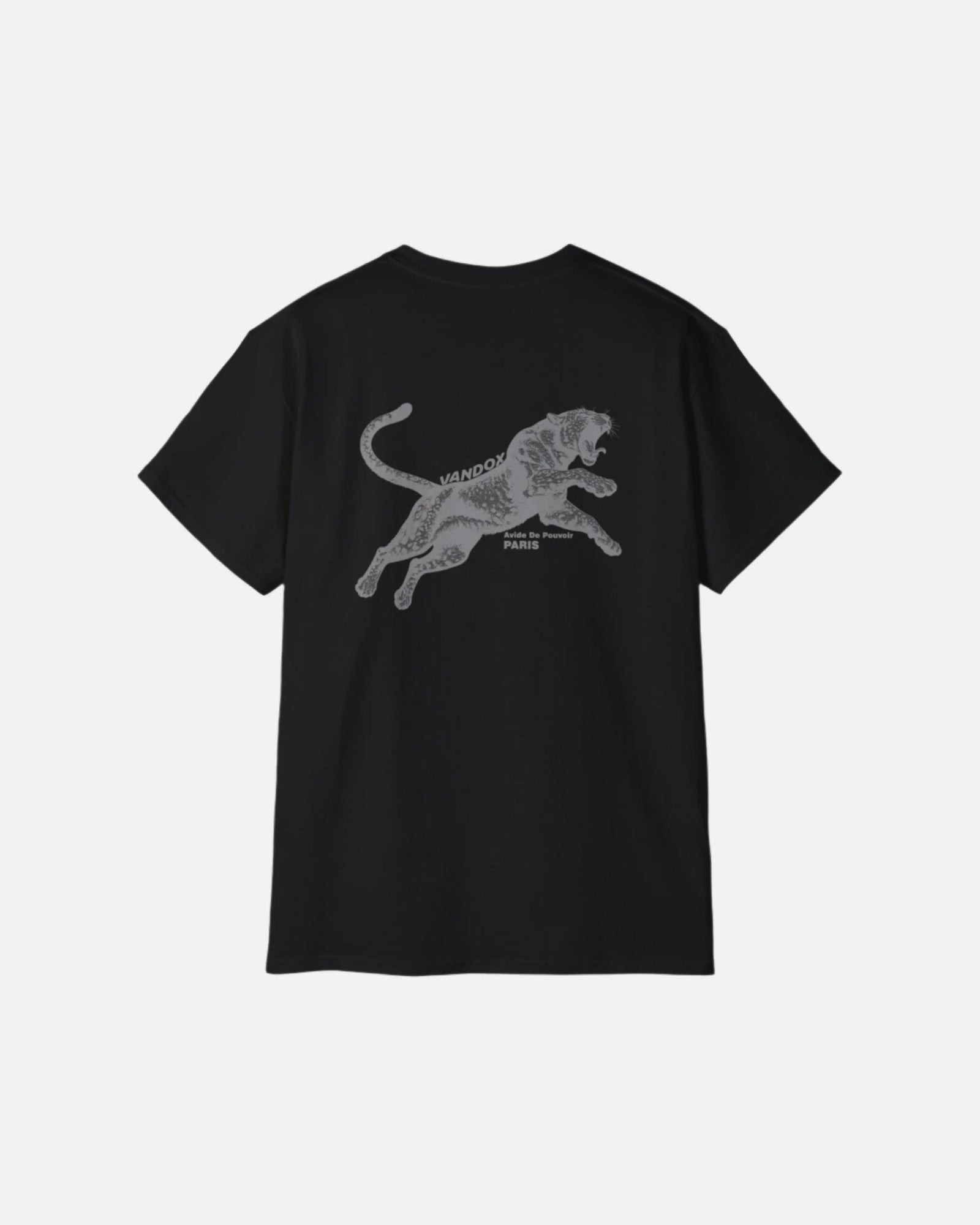Back view of Deep Black Vandox Noir Pounce T-Shirt with leaping black panther graphic and “Arène de Pouvoir – Paris” inscription. Starboy old money shirt tshirt clothes vandox sacrevandox vandox clothes vandox clothing