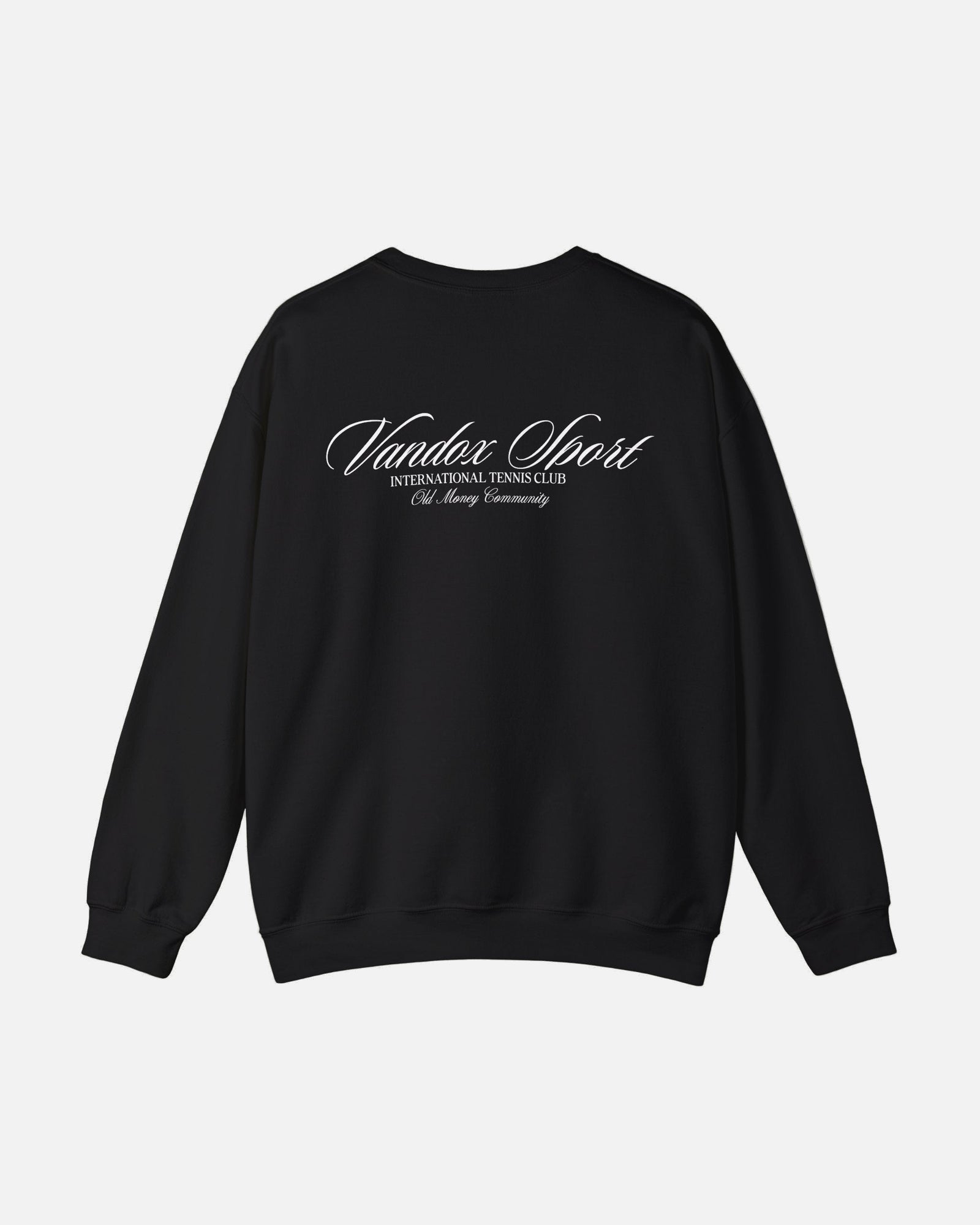 Back view of deep black Vandox Sport Crewneck by Vandox with “International Tennis Club” script detailing. Starboy old money hoodie sweatshirt clothes vandox sacrevandox vandox clothes vandox clothing