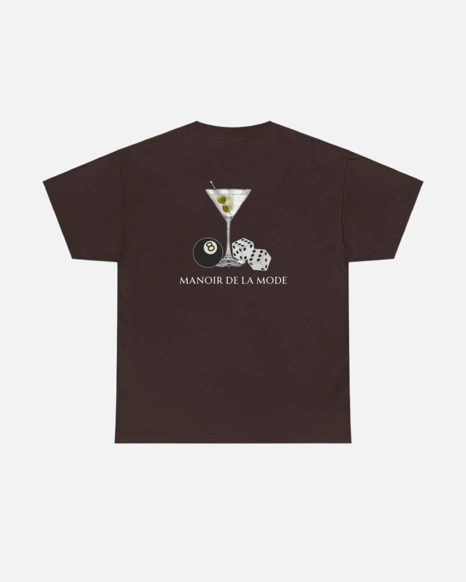Espresso brown Dark Chocolate Vandox Manoir De La Mode T-shirt with a martini glass, dice, and an 8-ball illustration, paired with "Manoir de la Mode" text beneath. Starboy old money shirt tshirt clothes vandox sacrevandox vandox clothes vandox clothing