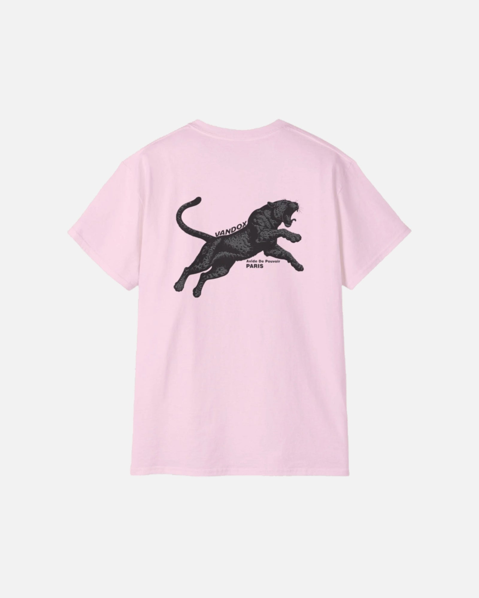 Back view of Light Pink Vandox Noir Pounce T-Shirt with leaping panther graphic and “Arène de Pouvoir – Paris” inscription. Starboy old money shirt tshirt clothes vandox sacrevandox vandox clothes vandox clothing