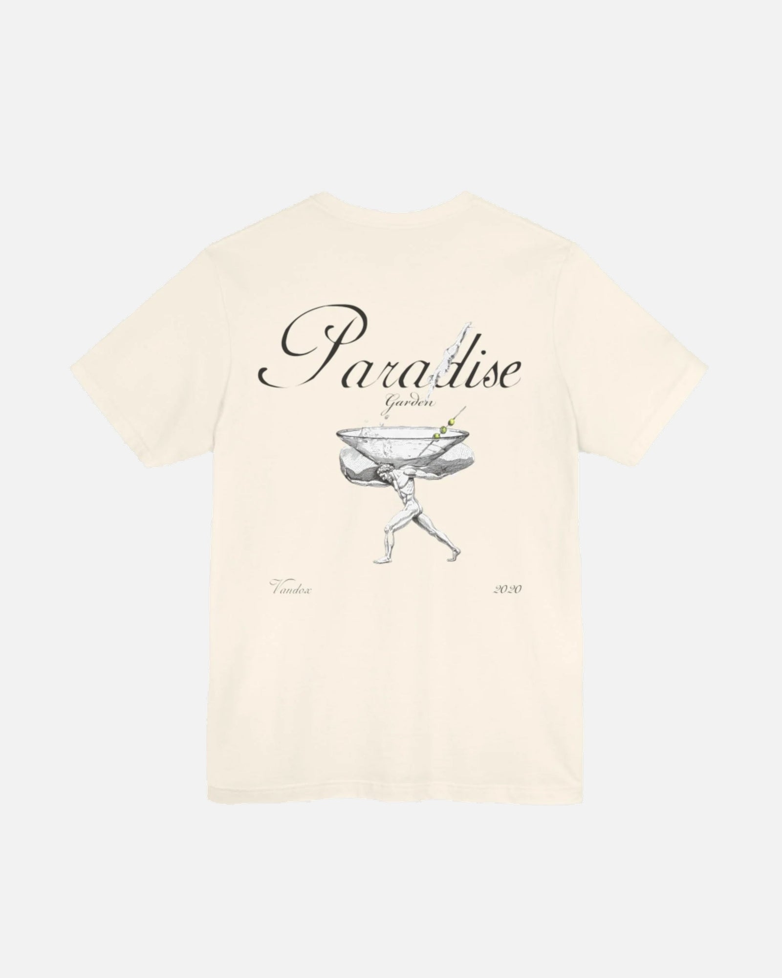Vandox Atlas Martini T-Shirt in sand cream Natural featuring a playful Atlas carrying a martini glass—classic elegance with a starboy twist. Starboy old money shirt tshirt clothes vandox sacrevandox vandox clothes vandox clothing