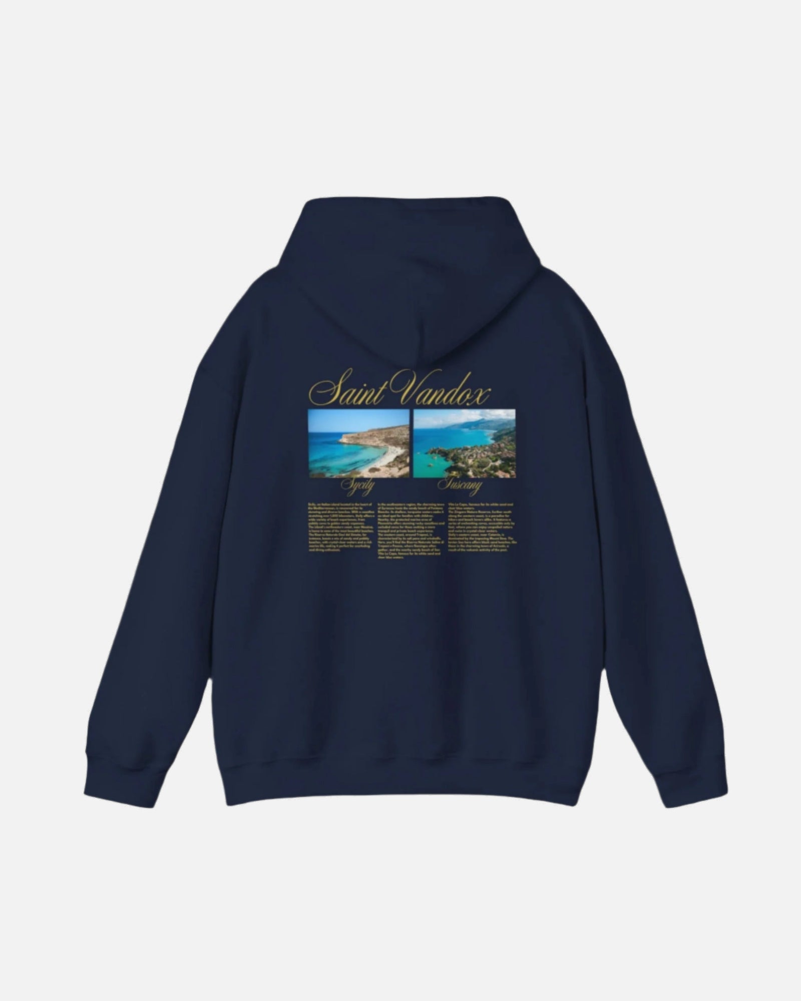 Navy blue hoodie featuring "Saint Vandox" in gold script, with images of Sardinia and Tuscany beaches and detailed descriptions on the back, offering a luxurious, travel-inspired design. Starboy old money hoodie sweatshirt clothes vandox sacrevandox vandox clothes vandox clothing