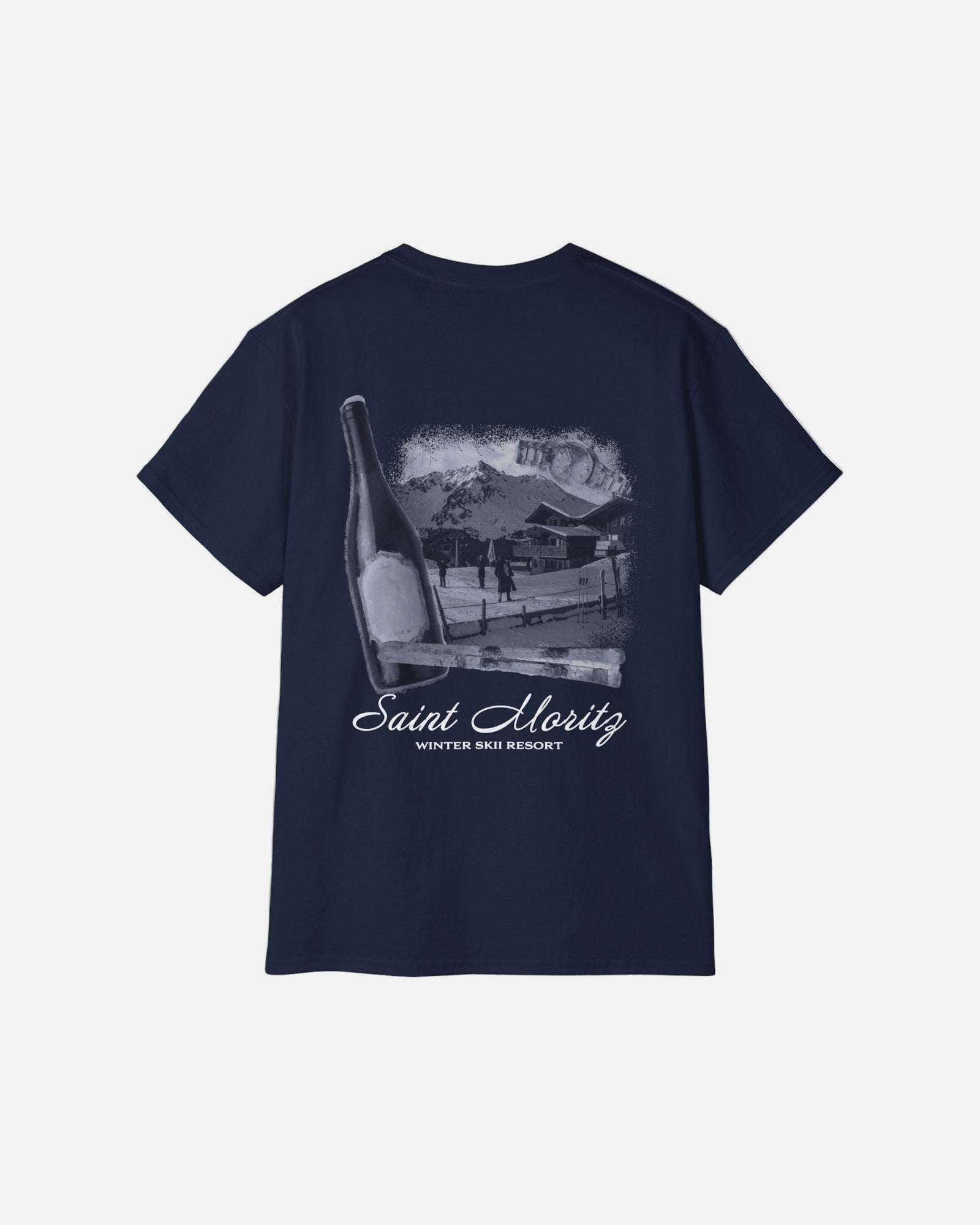 Back view of the deep dark blue navy Vandox Alpine Ski Club T-Shirt featuring Saint Moritz winter resort and champagne bottle graphic. Starboy old money shirt tshirt clothes vandox sacrevandox vandox clothes vandox clothing
