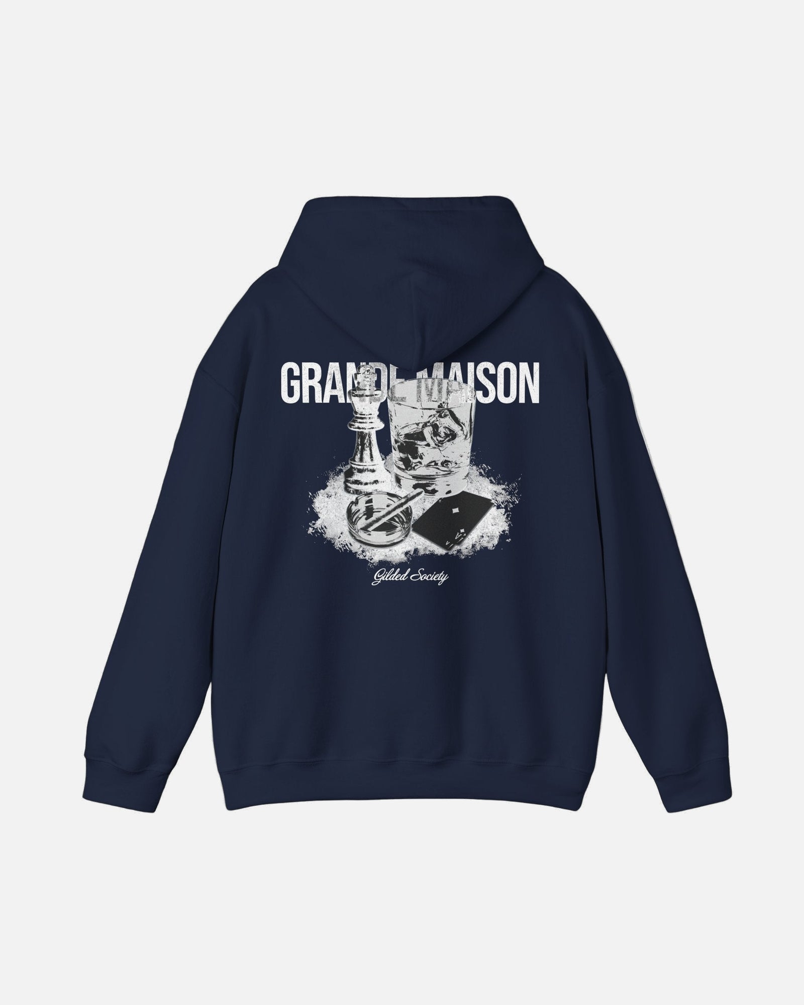 Back view of dark deep blue navy Grande Maison Hoodie by Vandox with chess piece, whiskey glass, and playing card graphic under “Grande Maison” text. Starboy old money hoodie sweatshirt clothes vandox sacrevandox vandox clothes vandox clothing
