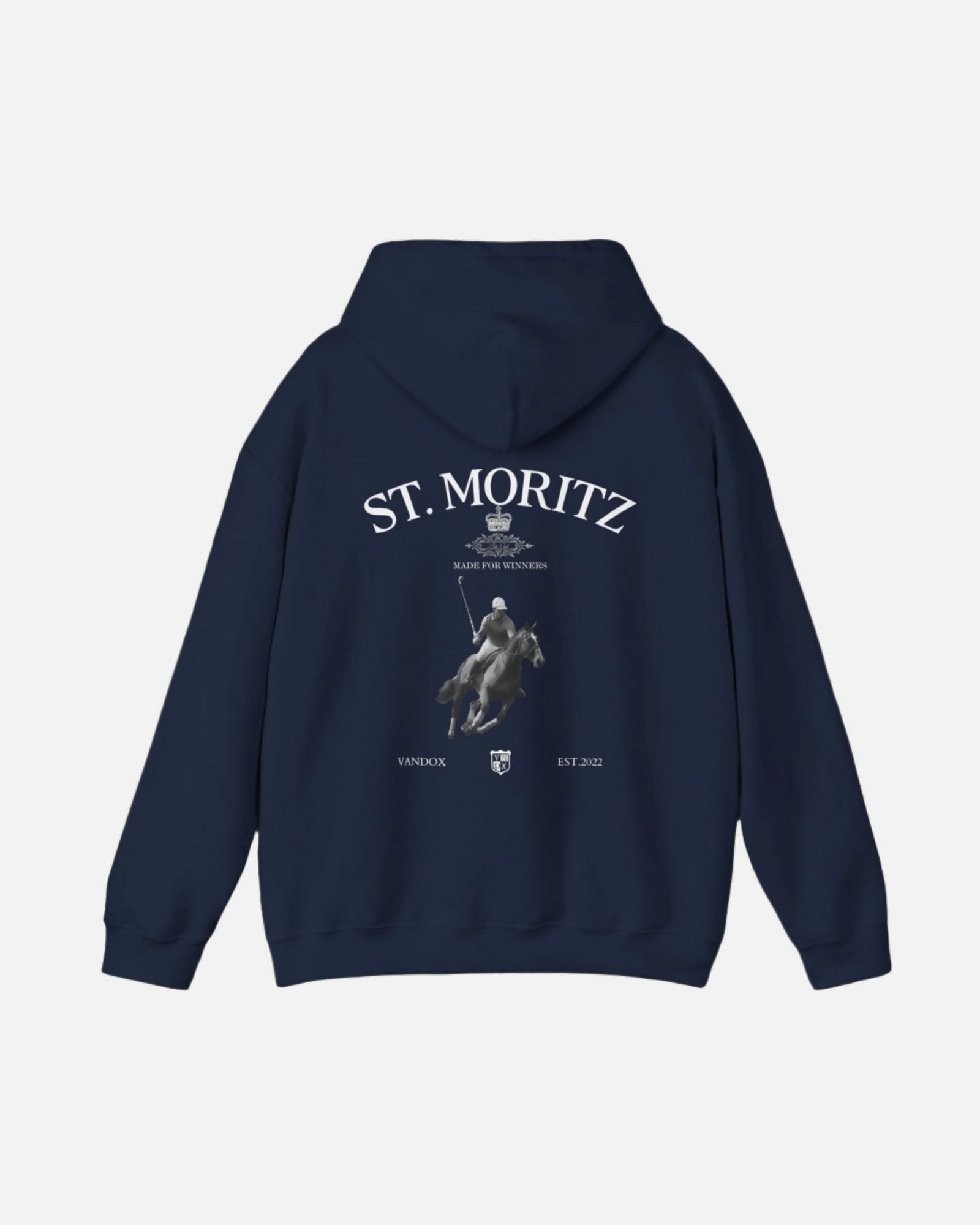 Deep Navy Dark Blue Vandox Polo Club Hoodie featuring an elite polo player and luxury branding, inspired by high-stakes winter sports and old money tradition. Starboy old money hoodie sweatshirt clothes vandox sacrevandox vandox clothes vandox clothing