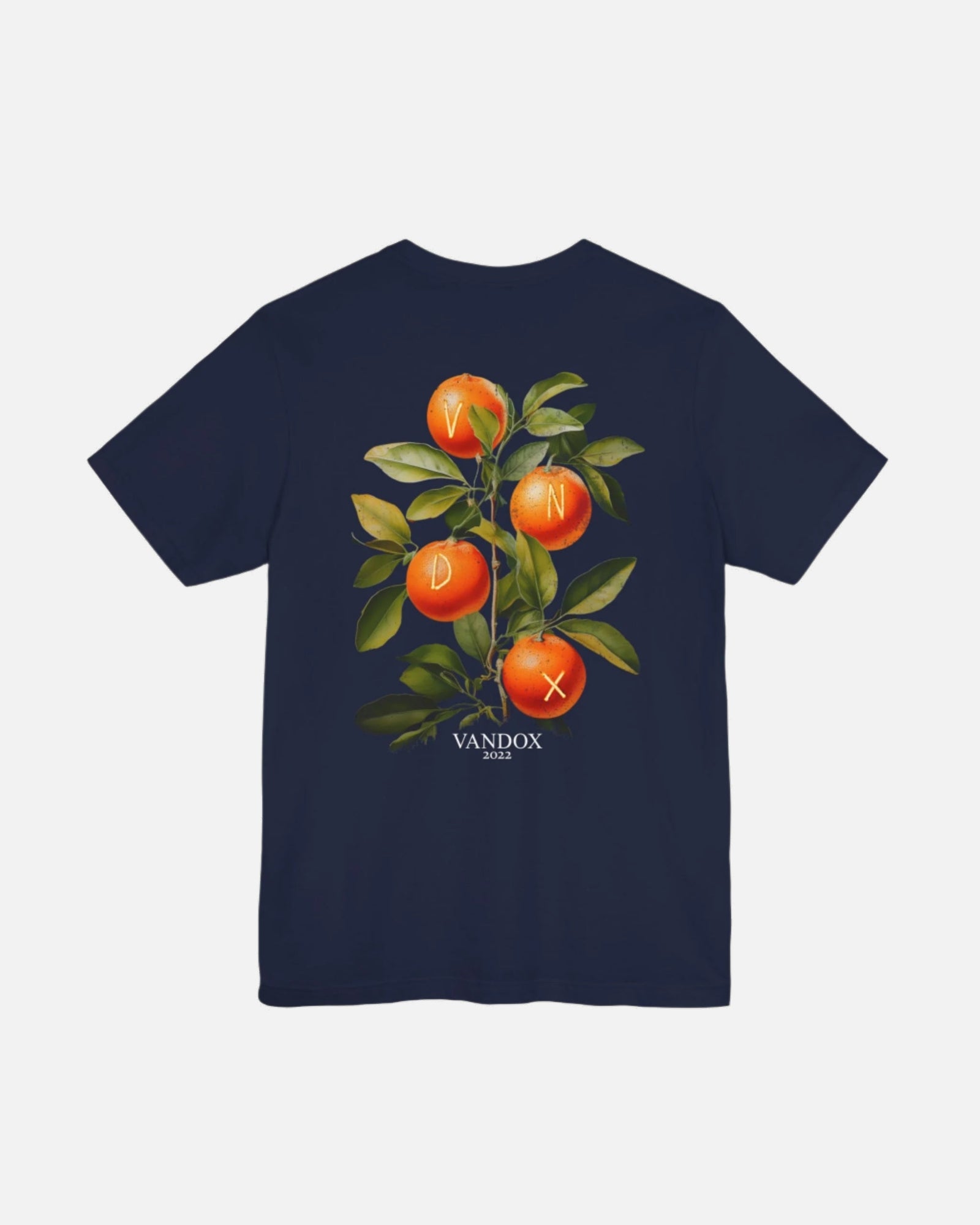 Vandox Riviera Grove T-Shirt in deep navy with a hand-painted orange tree, blending old money sophistication with starboy charm. Starboy old money shirt tshirt clothes vandox sacrevandox vandox clothes vandox clothing