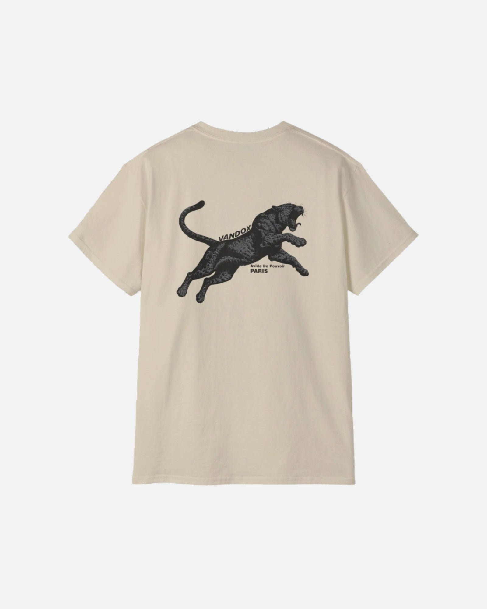 Back view of Sand Cream Beige Khaki Vandox Noir Pounce T-Shirt with leaping panther graphic and “Arène de Pouvoir – Paris” inscription. Starboy old money shirt tshirt clothes vandox sacrevandox vandox clothes vandox clothing