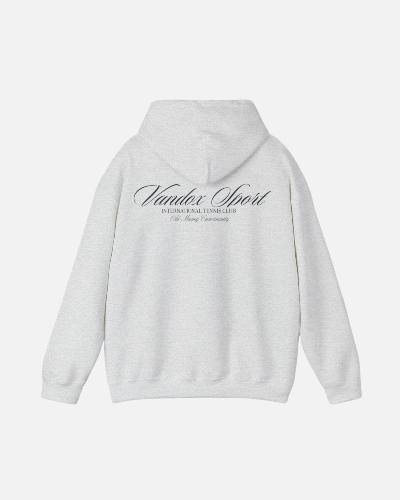 Back view of the Vandox sport grey ash Sport Hoodie featuring “Vandox Sport” script and International Tennis Club text. Starboy old money hoodie sweatshirt clothes vandox sacrevandox vandox clothes vandox clothing