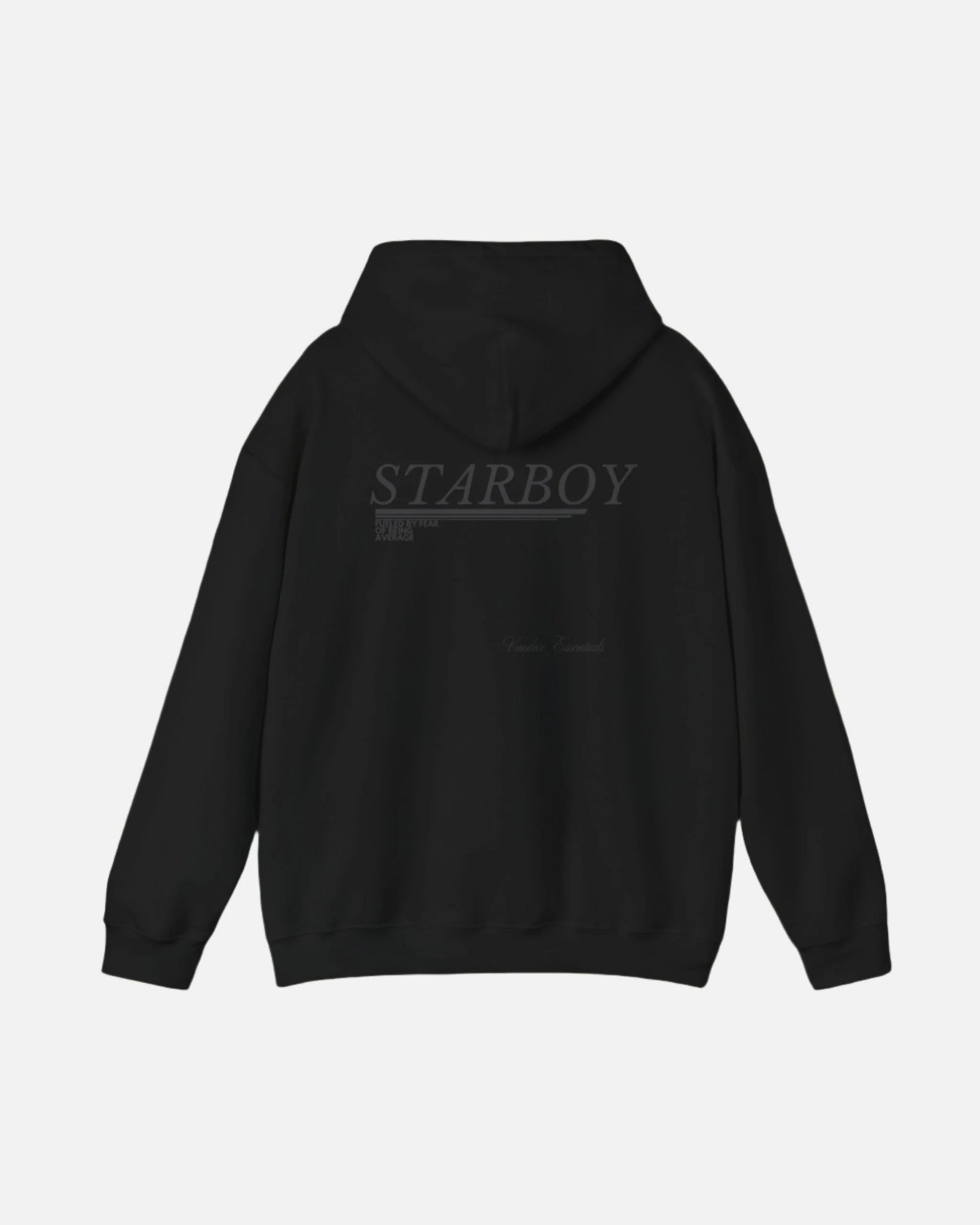 Black Vandox Starboy hoodie with minimalist black text design and "Vandox Essentials" branding on the back, ideal for casual and stylish streetwear looks. Starboy old money hoodie sweatshirt clothes vandox sacrevandox vandox clothes vandox clothing