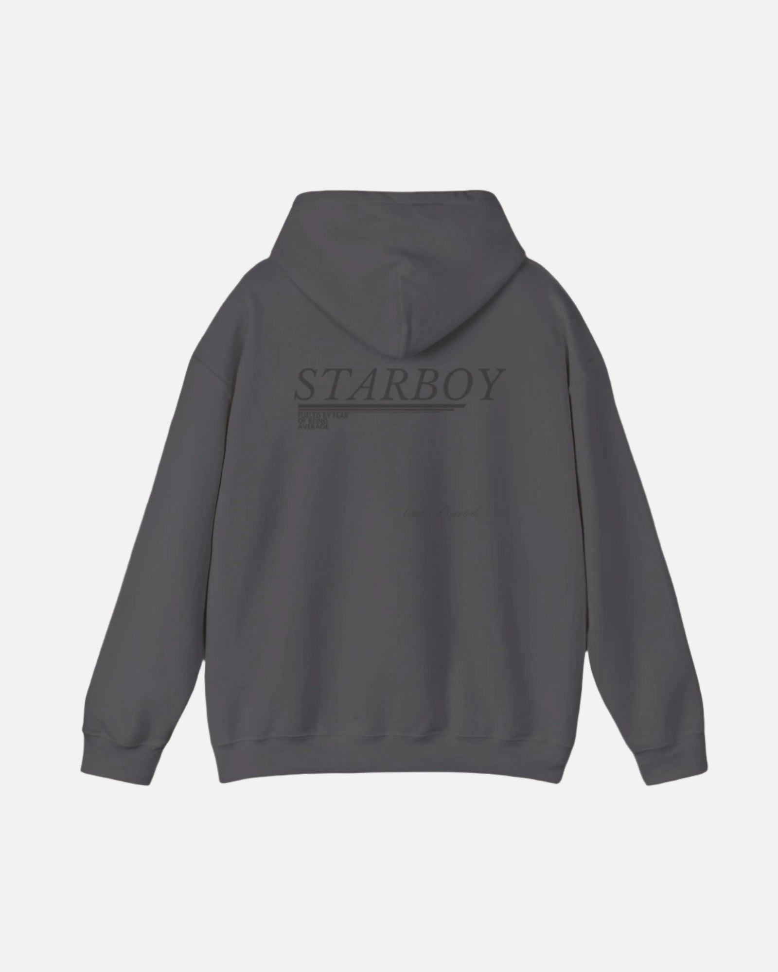 Sport Dark Grey Charcoal Vandox Starboy hoodie with minimalist text design and "Vandox Essentials" branding on the back, ideal for casual and stylish streetwear looks. Starboy old money hoodie sweatshirt clothes vandox sacrevandox vandox clothes vandox clothing