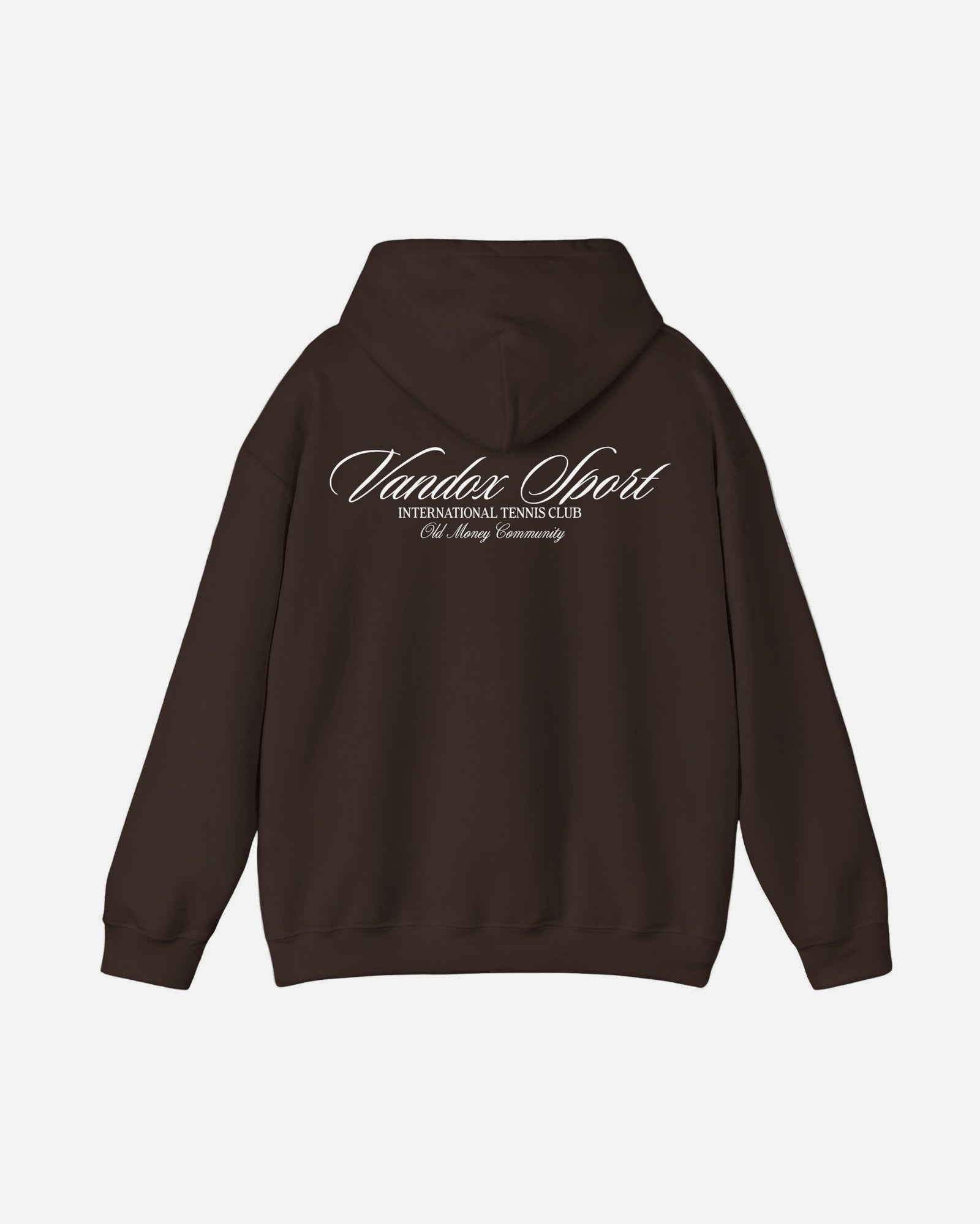 Back view of the Vandox dark chocolate brown mocha Sport Hoodie featuring “Vandox Sport” script and International Tennis Club text. Starboy old money hoodie sweatshirt clothes vandox sacrevandox vandox clothes vandox clothing