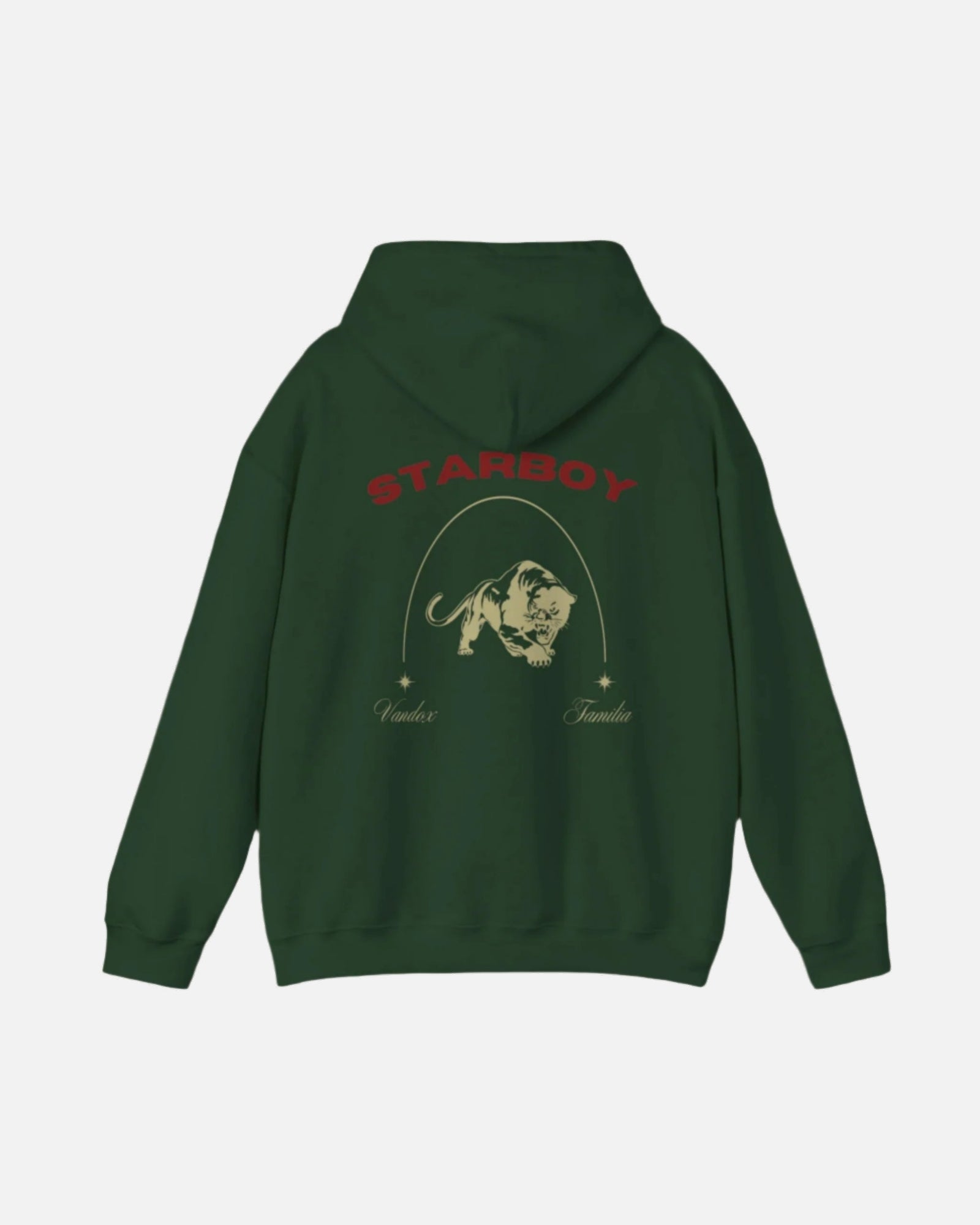 Forest Green Dark Green Vandox Hoodie with STARBOY on the back, golden lion surrounded by a majestic golden arch, and a small golden logo featuring a star, and text 'vandox familia starboy essential'. Starboy old money hoodie sweatshirt clothes vandox sacrevandox vandox clothes vandox clothing crewneck