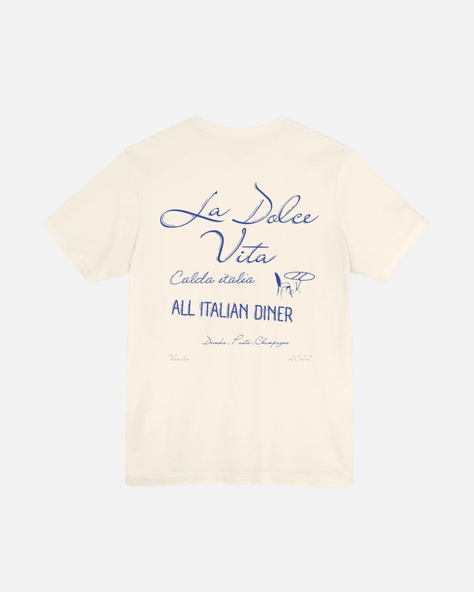 Vandox Dolce Vita Diner T-Shirt in sandy cream Natural with navy script, evoking Italian summer nights, old money elegance, and starboy confidence. Starboy old money shirt tshirt clothes vandox sacrevandox vandox clothes vandox clothing