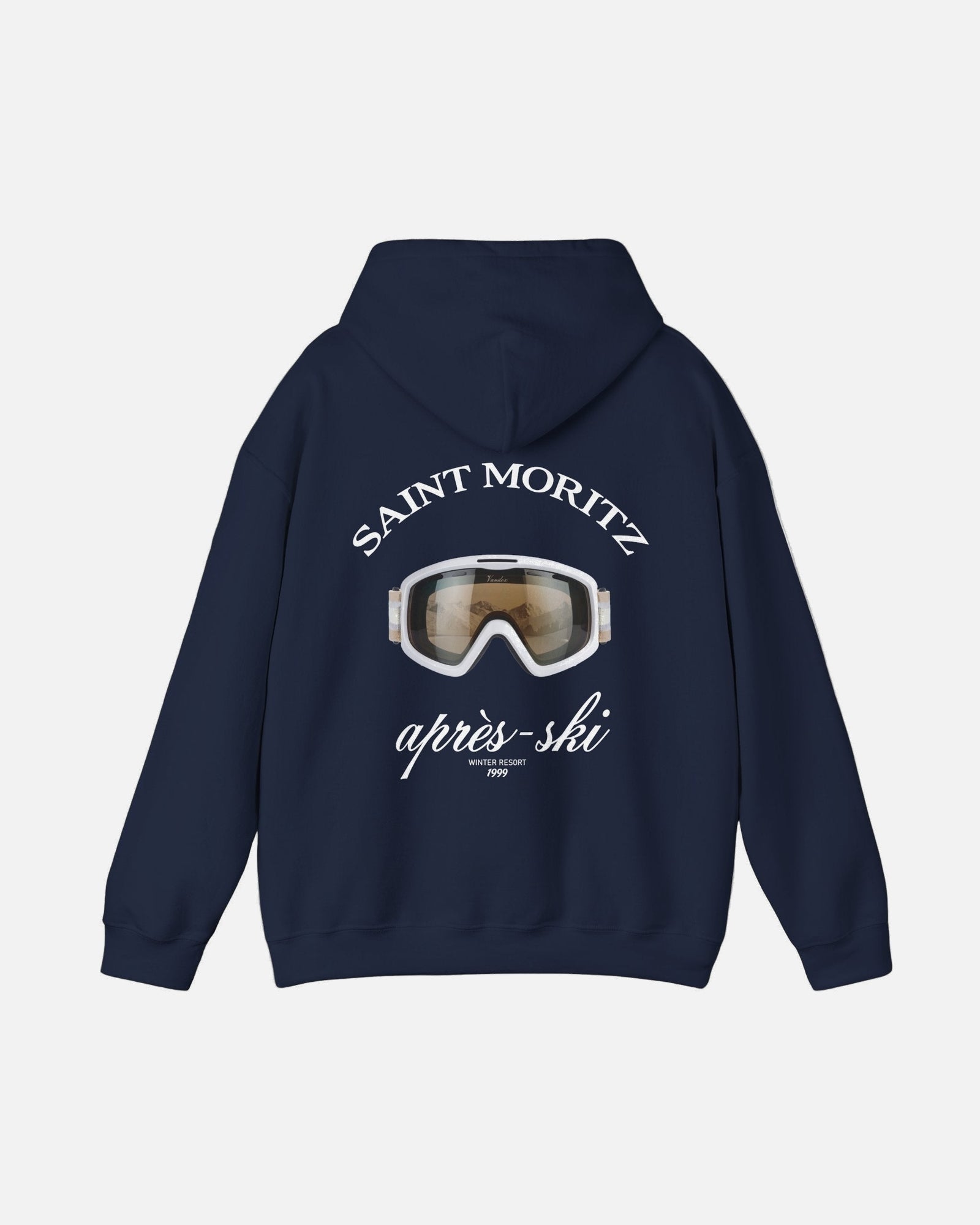 Back view of the Vandox deep dark blue navy Alpine Vision Hoodie featuring Saint Moritz lettering and goggle graphic. Starboy old money hoodie sweatshirt clothes vandox sacrevandox vandox clothes vandox clothing