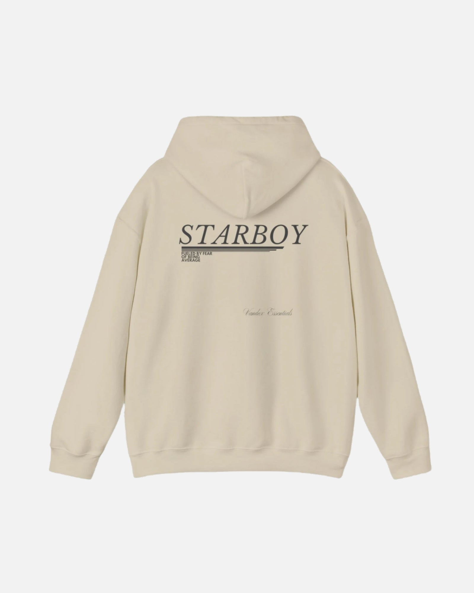 Sand Cream Vandox Starboy hoodie with minimalist text design and "Vandox Essentials" branding on the back, ideal for casual and stylish streetwear looks. Starboy old money hoodie sweatshirt clothes vandox sacrevandox vandox clothes vandox clothing