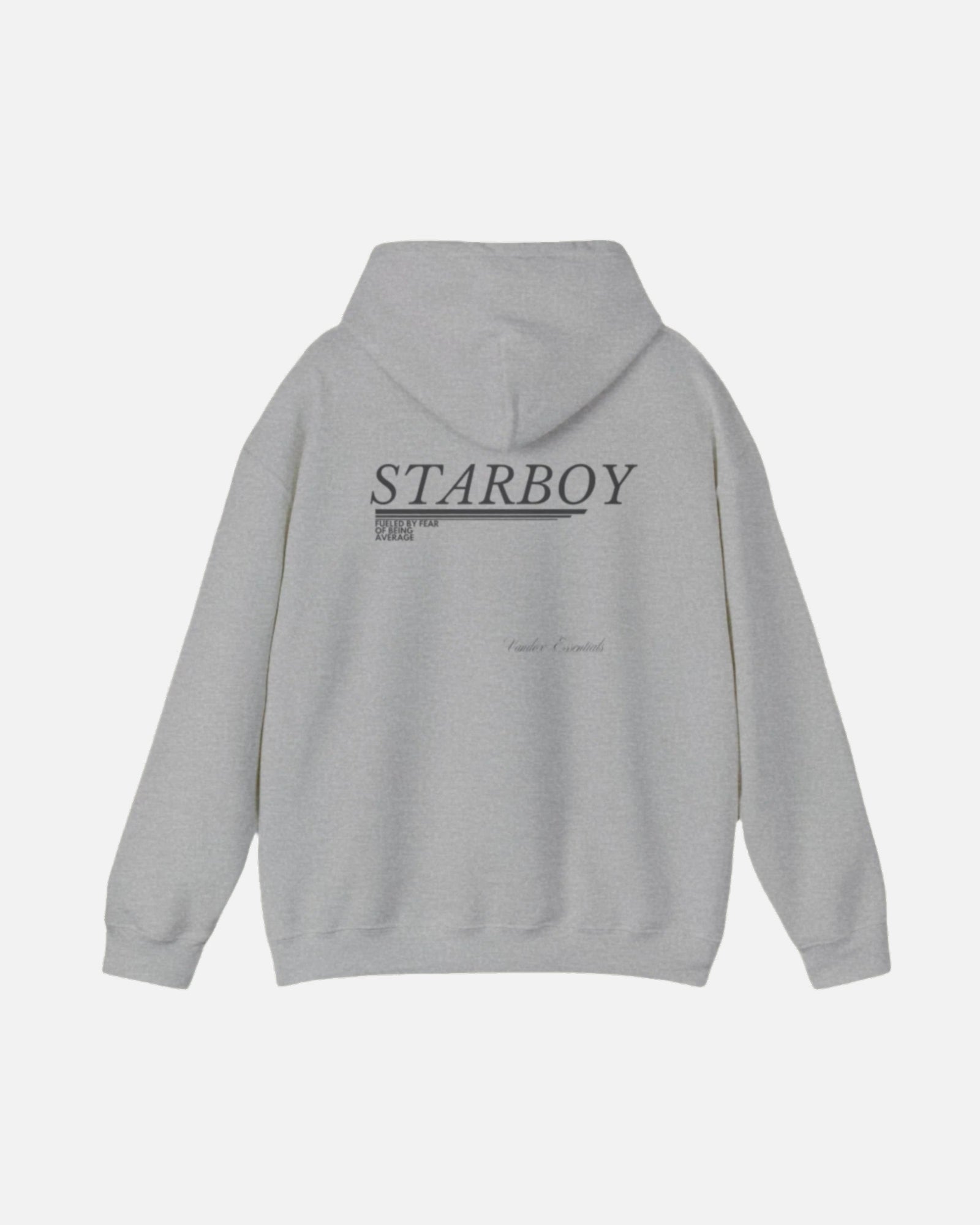 Sport Grey Vandox Starboy hoodie with minimalist black text design and "Vandox Essentials" branding on the back, ideal for casual and stylish streetwear looks. Starboy old money hoodie sweatshirt clothes vandox sacrevandox vandox clothes vandox clothing