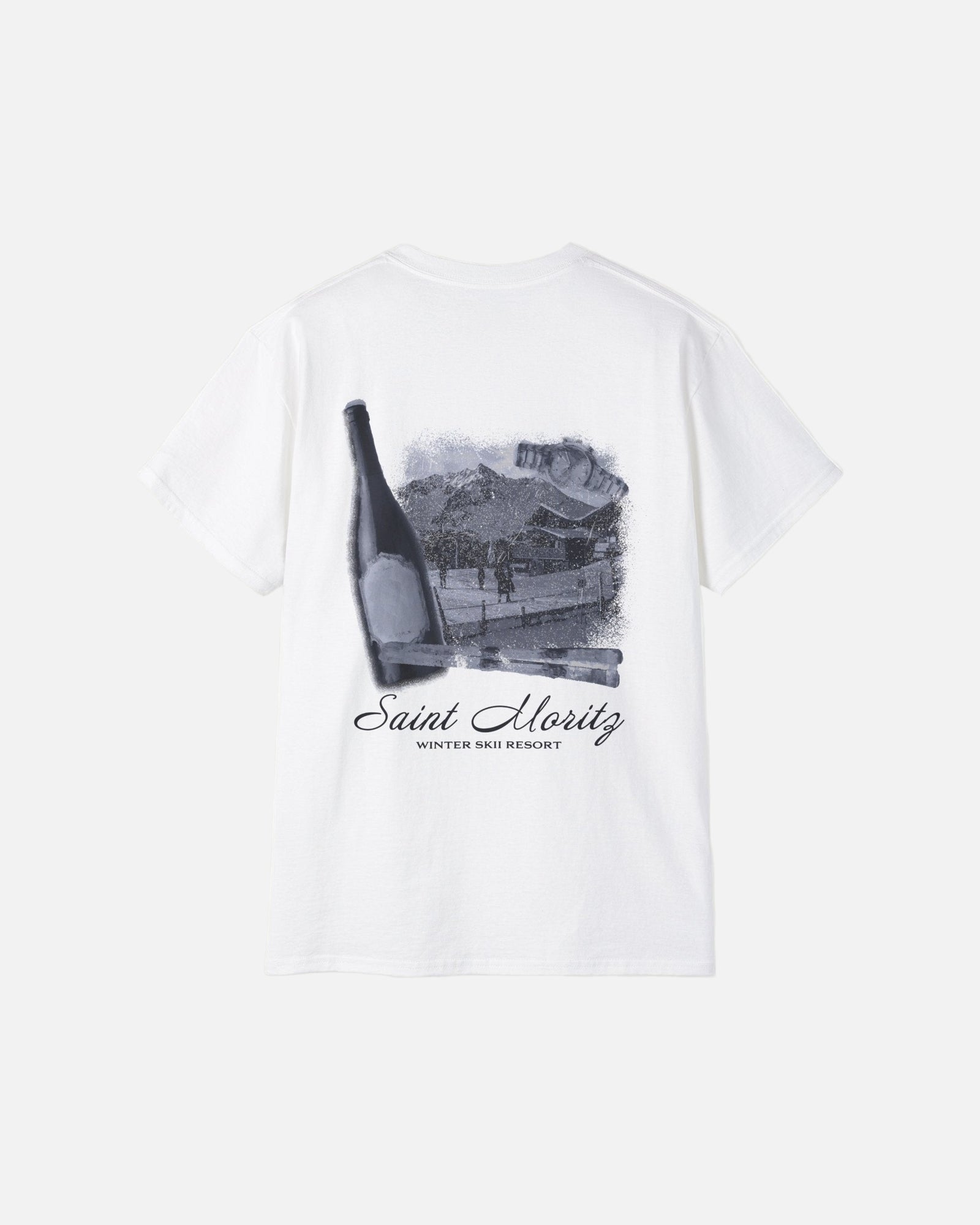 Back view of the eggshell white Vandox Alpine Ski Club T-Shirt featuring Saint Moritz winter resort and champagne bottle graphic. Starboy old money shirt tshirt clothes vandox sacrevandox vandox clothes vandox clothing