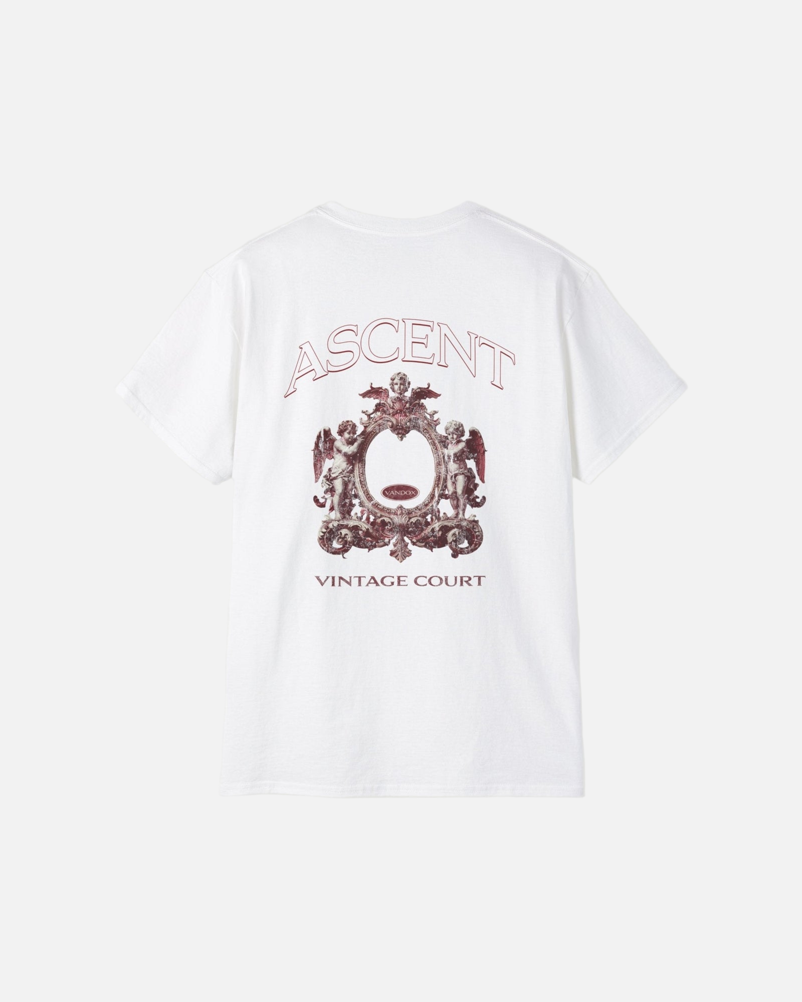 Back view of the eggshell white Vandox Grand Court T-Shirt featuring ornate cherub crest design with “Ascent” and “Vintage Court” text. Starboy old money shirt tshirt clothes vandox sacrevandox vandox clothes vandox clothing
