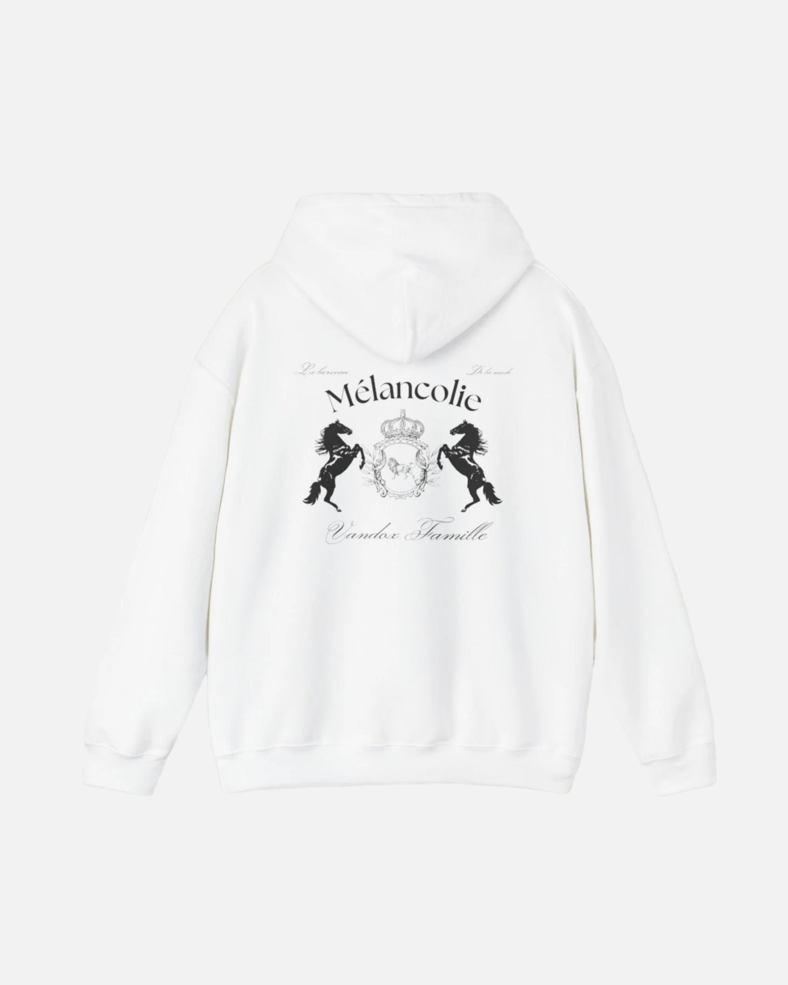 White Vandox Hoodie with regal crest, two horses, and "Mélancolie" and "Vandaux Famille" text on the back. Starboy old money hoodie sweatshirt clothes vandox sacrevandox vandox clothes vandox clothing