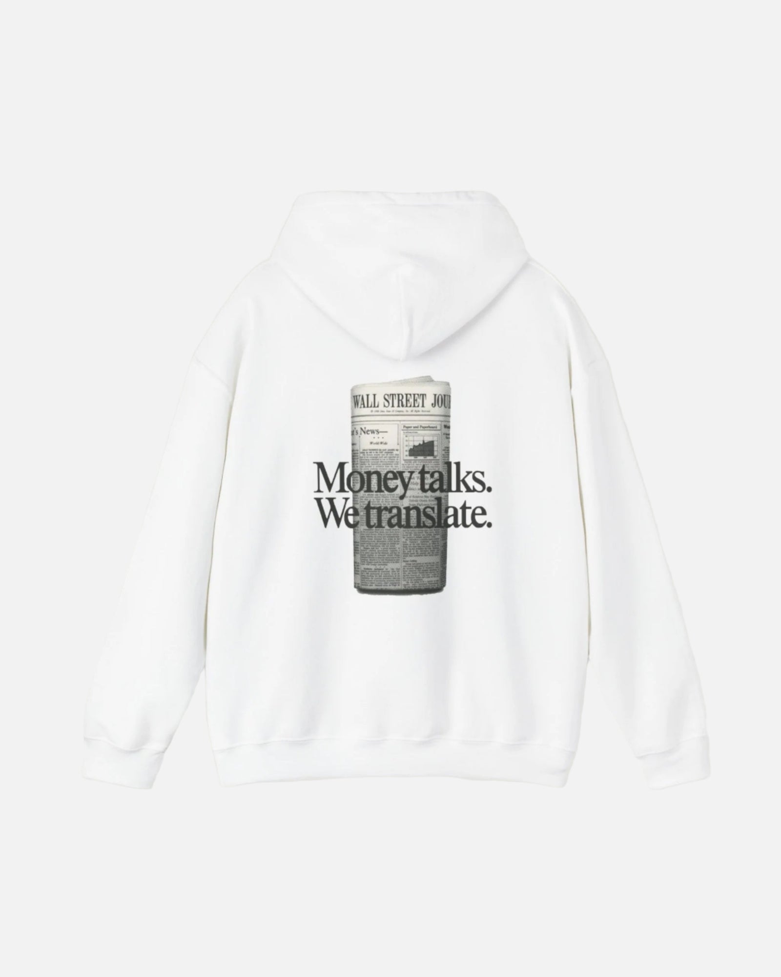 White Vandox Hoodie with "Money Talks We Translate" text and a newspaper graphic on the back. Starboy old money hoodie sweatshirt clothes vandox sacrevandox vandox clothes vandox clothing