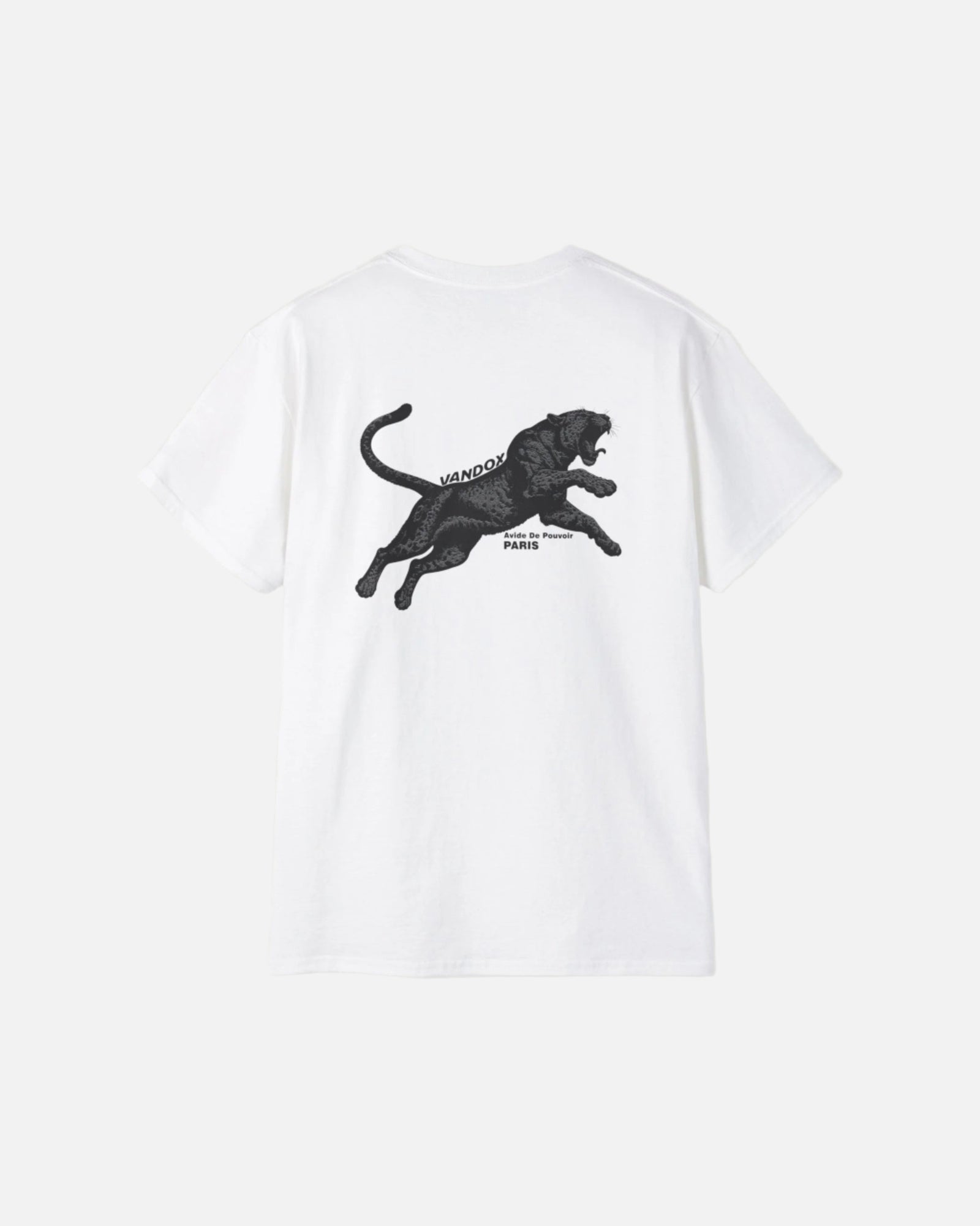 Back view of Eggshell White Vandox Noir Pounce T-Shirt with leaping panther graphic and “Arène de Pouvoir – Paris” inscription. Starboy old money shirt tshirt clothes vandox sacrevandox vandox clothes vandox clothing