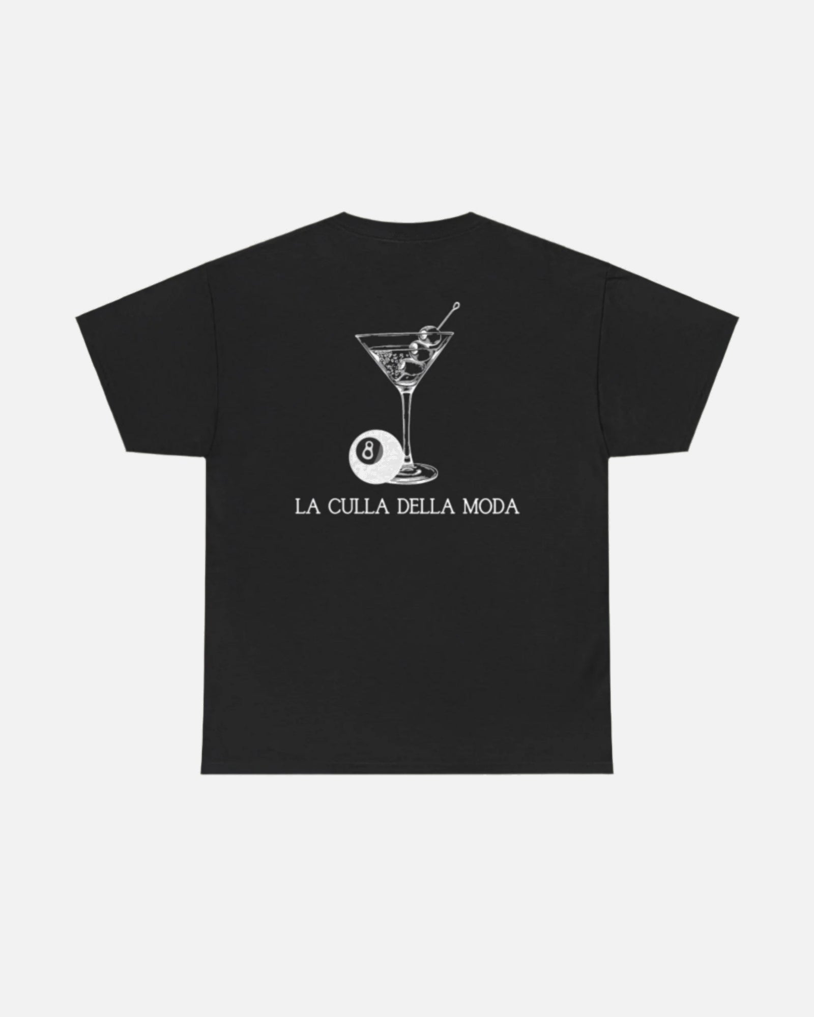 Black Vandox T-shirt with a martini glass, 8-ball, and the phrase "La Culla Della Moda" on the back. Starboy old money shirt tshirt clothes vandox sacrevandox vandox clothes vandox clothing