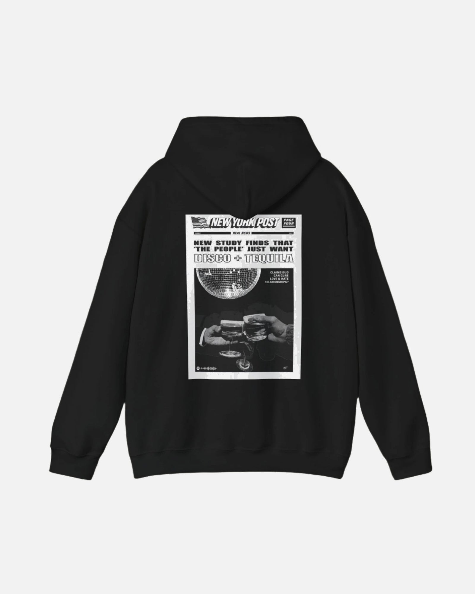 Black Vandox graphic Hoodie with newspaper-style graphic Disco + Tequila Graphic Hoodie back view - Vandox. Starboy old money hoodie sweatshirt clothes vandox sacrevandox vandox clothes vandox clothing