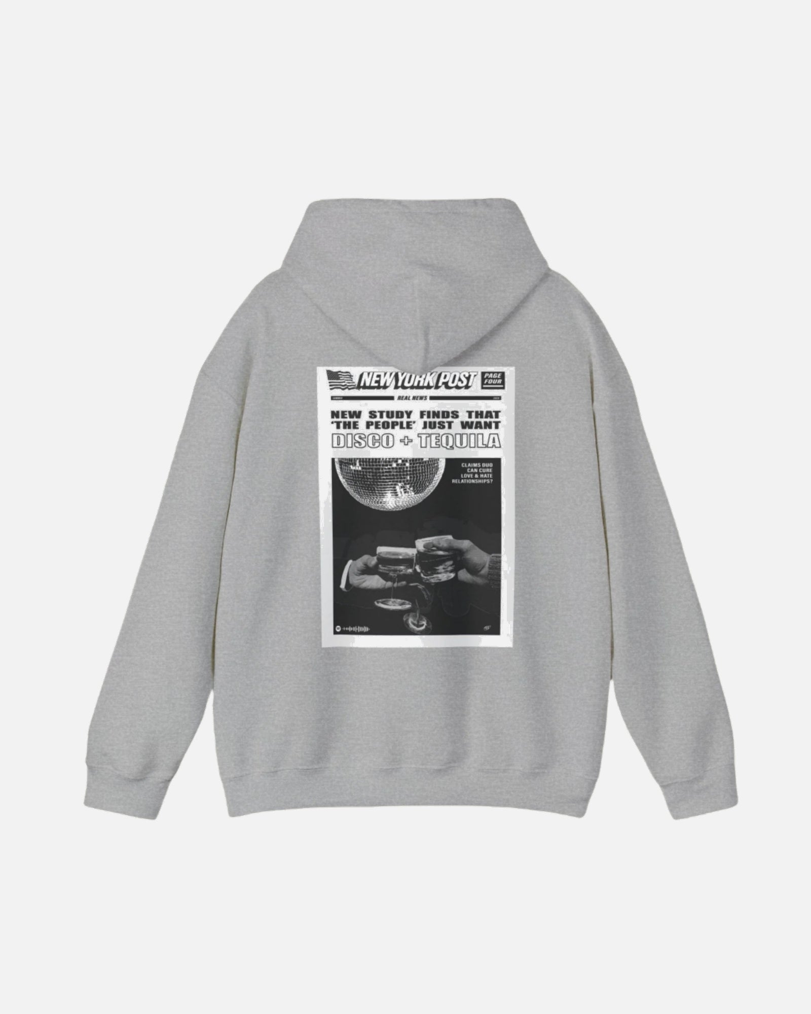 Sport Grey Vandox graphic Hoodie with newspaper-style graphic Disco + Tequila Graphic Hoodie back view - Vandox. Starboy old money hoodie sweatshirt clothes vandox sacrevandox vandox clothes vandox clothing