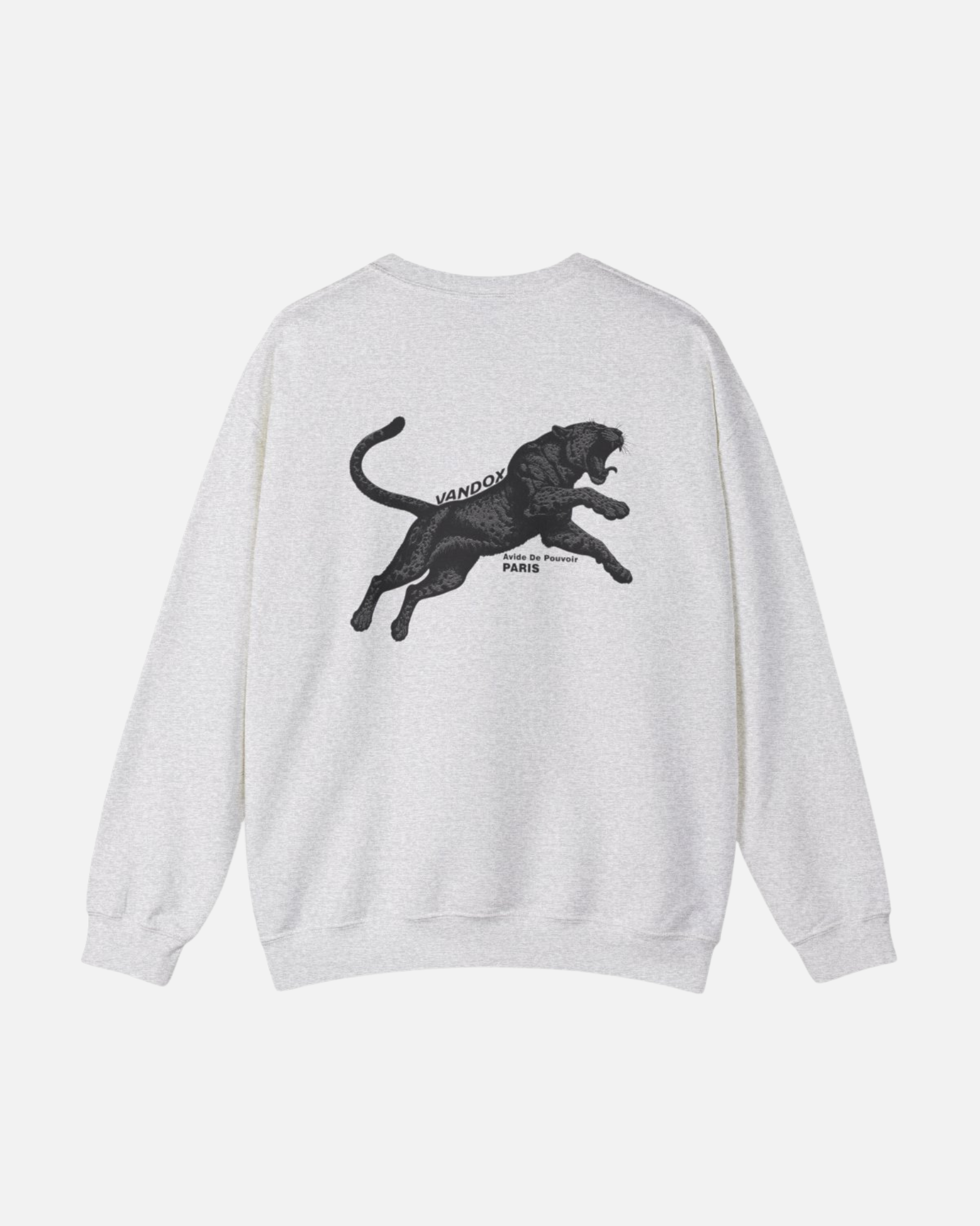 Back view of the Sporty Ash Grey Noir Pounce Crewneck by Vandox with black panther graphic and “Paris Avide de Pouvoir” text. Starboy old money hoodie sweatshirt clothes vandox sacrevandox vandox clothes vandox clothing crewneck