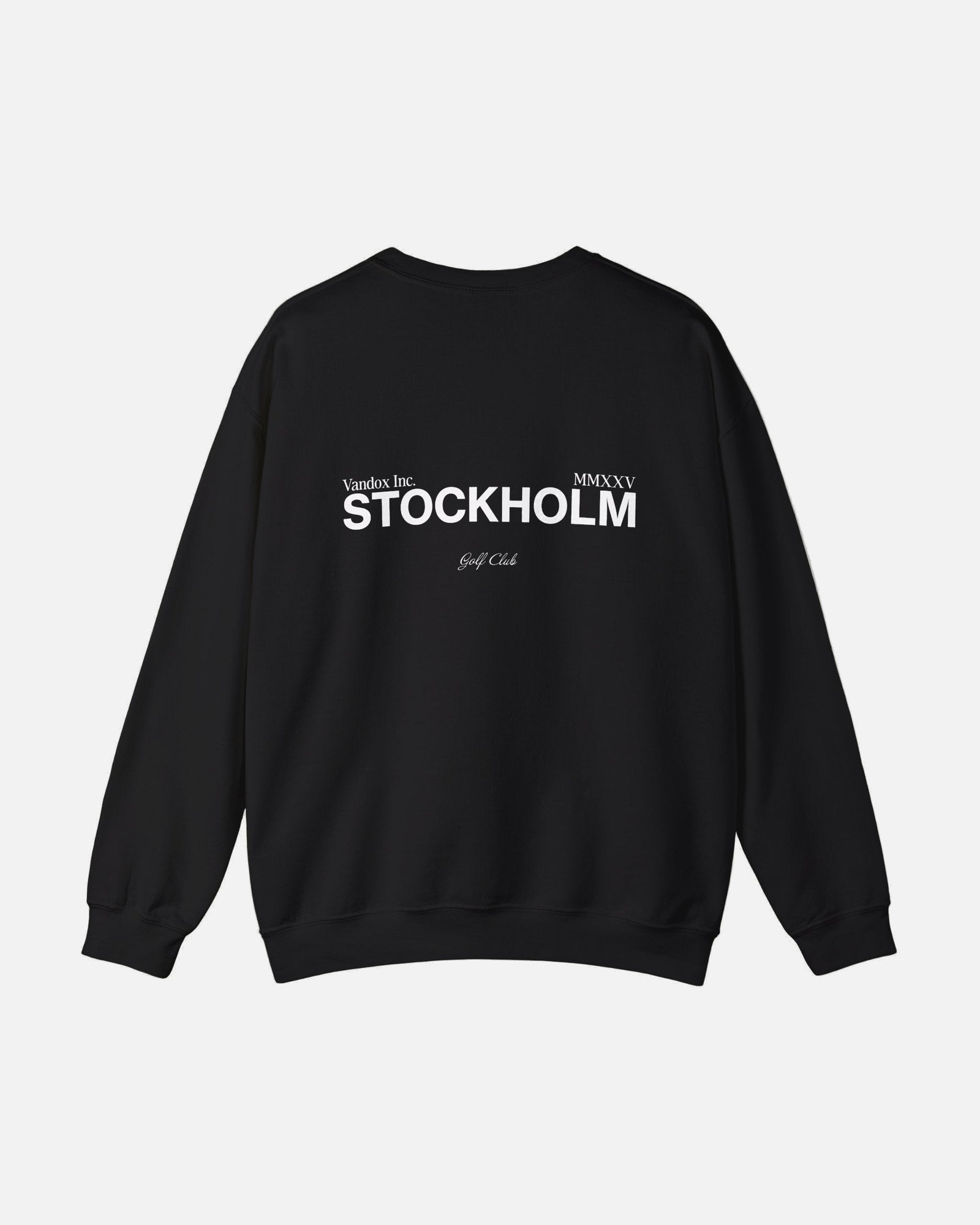 Back view of the Deep Black Vandox Stockholm Crewneck featuring bold “STOCKHOLM” and “Vandox Inc. MMXXV Golf Club” text. Starboy old money hoodie sweatshirt clothes vandox sacrevandox vandox clothes vandox clothing crewneck