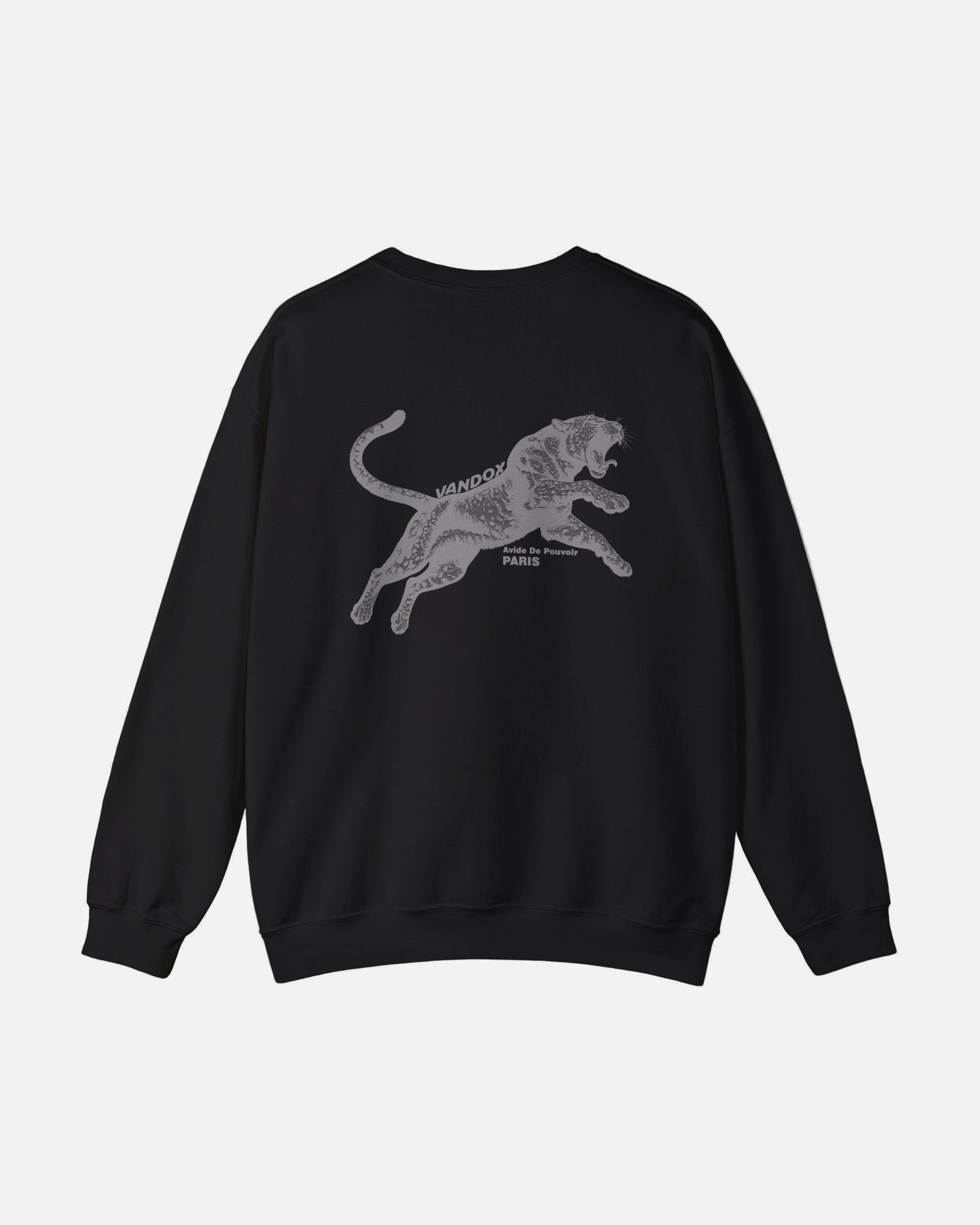 Back view of the Deep Black Noir Pounce Crewneck by Vandox with black panther graphic and “Paris Avide de Pouvoir” text. Starboy old money hoodie sweatshirt clothes vandox sacrevandox vandox clothes vandox clothing crewneck