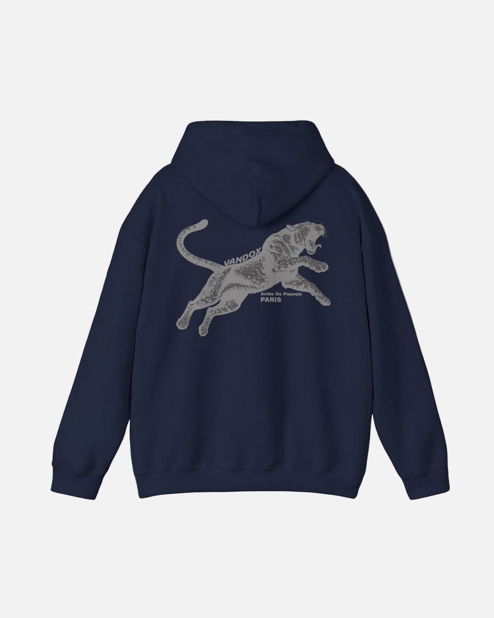 Back view of the Dark Navy Blue Noir Pounce Hoodie by Vandox featuring bold black panther graphic with “Avide de Pouvoir Paris” text. Starboy old money hoodie sweatshirt clothes vandox sacrevandox vandox clothes vandox clothing