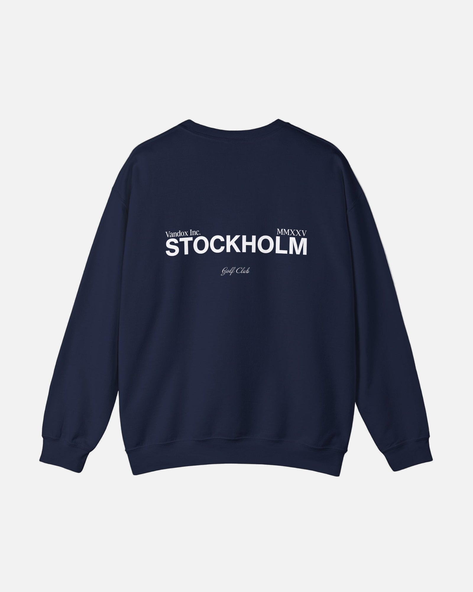 Back view of the Dark Blue Navy Vandox Stockholm Crewneck featuring bold “STOCKHOLM” and “Vandox Inc. MMXXV Golf Club” text. Starboy old money hoodie sweatshirt clothes vandox sacrevandox vandox clothes vandox clothing crewneck