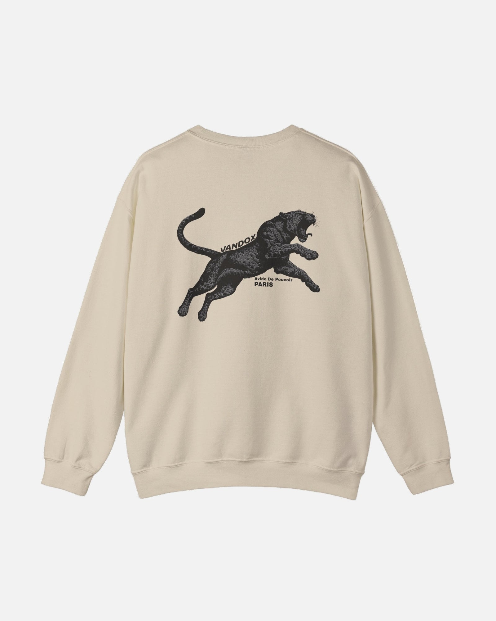 Back view of the Sand Cream Noir Pounce Crewneck by Vandox with black panther graphic and “Paris Avide de Pouvoir” text. Starboy old money hoodie sweatshirt clothes vandox sacrevandox vandox clothes vandox clothing crewneck