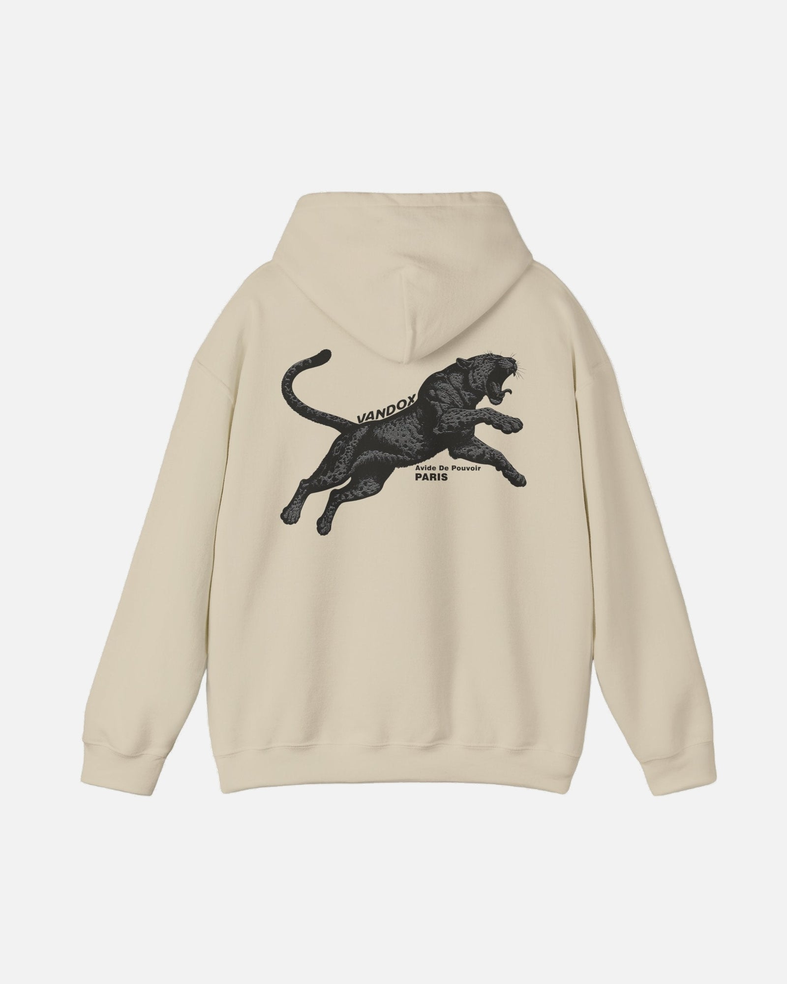 Back view of the Beige Cream Sand Noir Pounce Hoodie by Vandox featuring bold black panther graphic with “Avide de Pouvoir Paris” text. Starboy old money hoodie sweatshirt clothes vandox sacrevandox vandox clothes vandox clothing