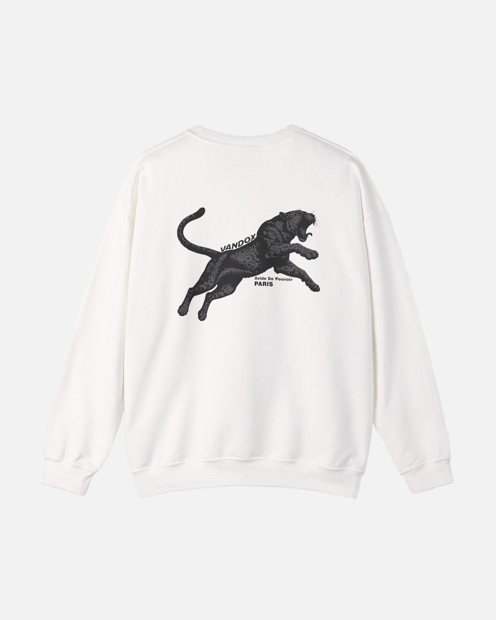 Back view of the Eggshell White Noir Pounce Crewneck by Vandox with black panther graphic and “Paris Avide de Pouvoir” text. Starboy old money hoodie sweatshirt clothes vandox sacrevandox vandox clothes vandox clothing crewneck