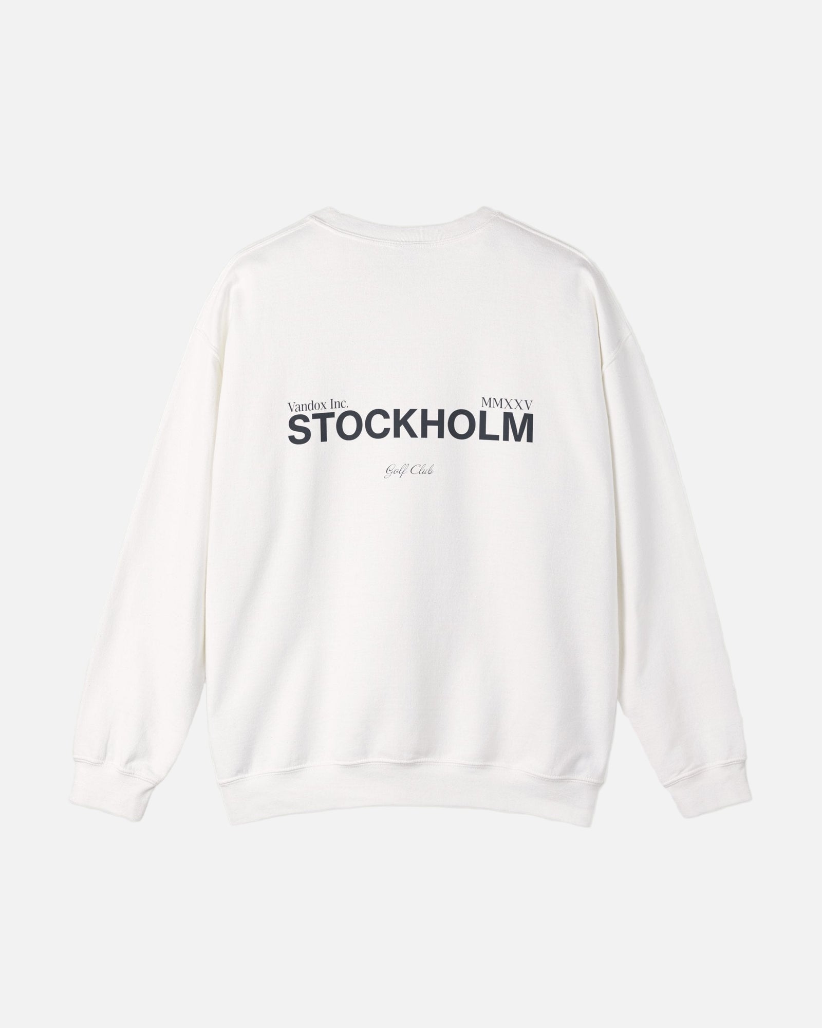 Back view of the Eggshell White Vandox Stockholm Crewneck featuring bold “STOCKHOLM” and “Vandox Inc. MMXXV Golf Club” text. Starboy old money hoodie sweatshirt clothes vandox sacrevandox vandox clothes vandox clothing crewneck