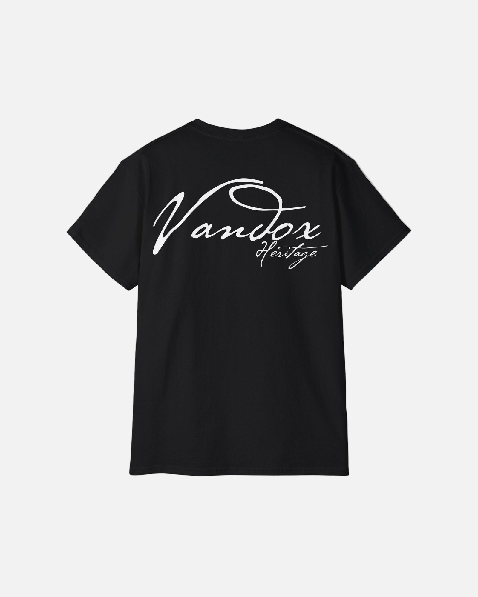 Back view of Deep Black Noiré Heritage T-Shirt featuring Vandox Heritage signature. Starboy old money shirt tshirt clothes vandox sacrevandox vandox clothes vandox clothing