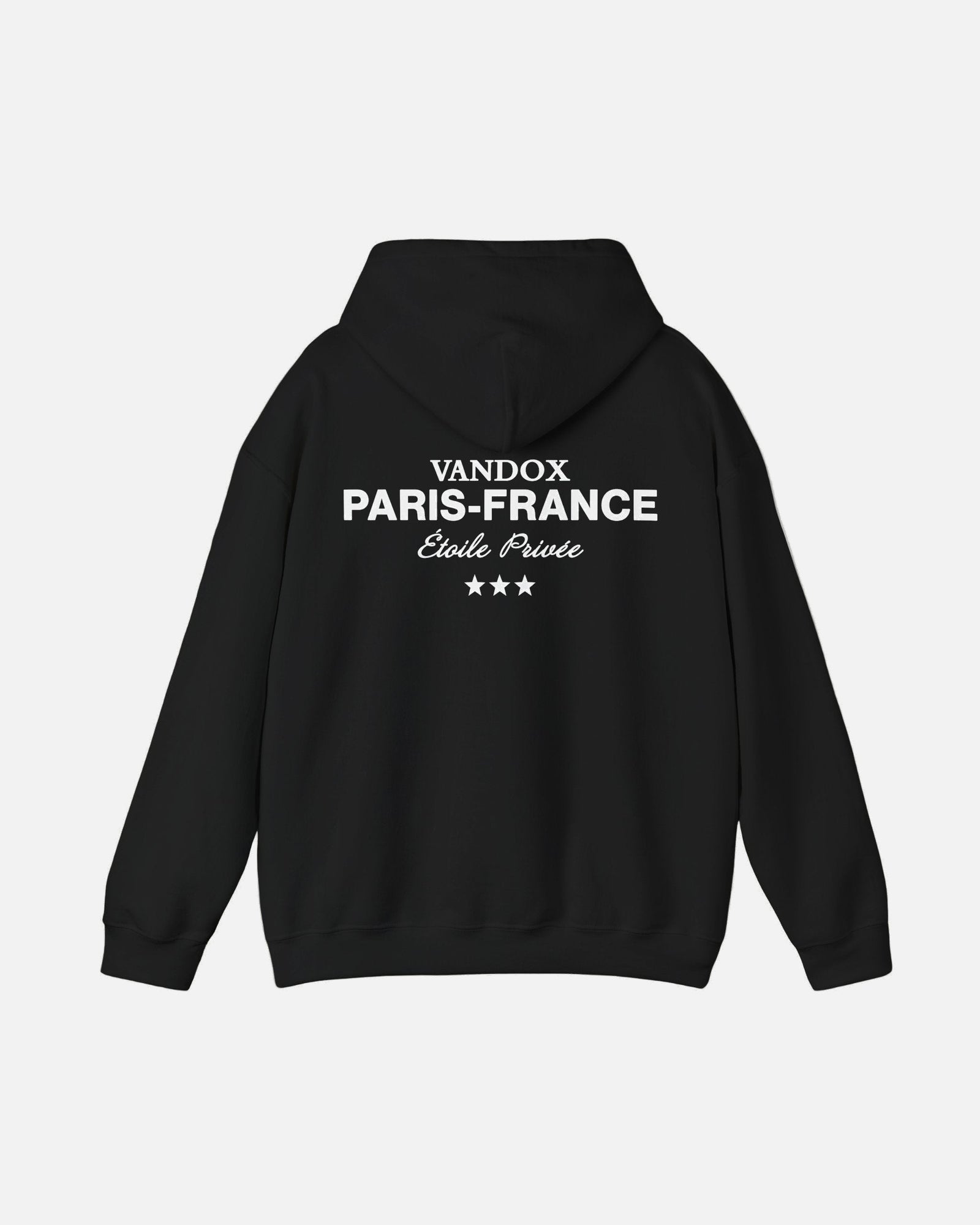 Back view of the Vandox deep black Paris Heritage Hoodie featuring “Vandox Paris-France Étoile Privée” text and three-star graphic. Starboy old money hoodie sweatshirt clothes vandox sacrevandox vandox clothes vandox clothing