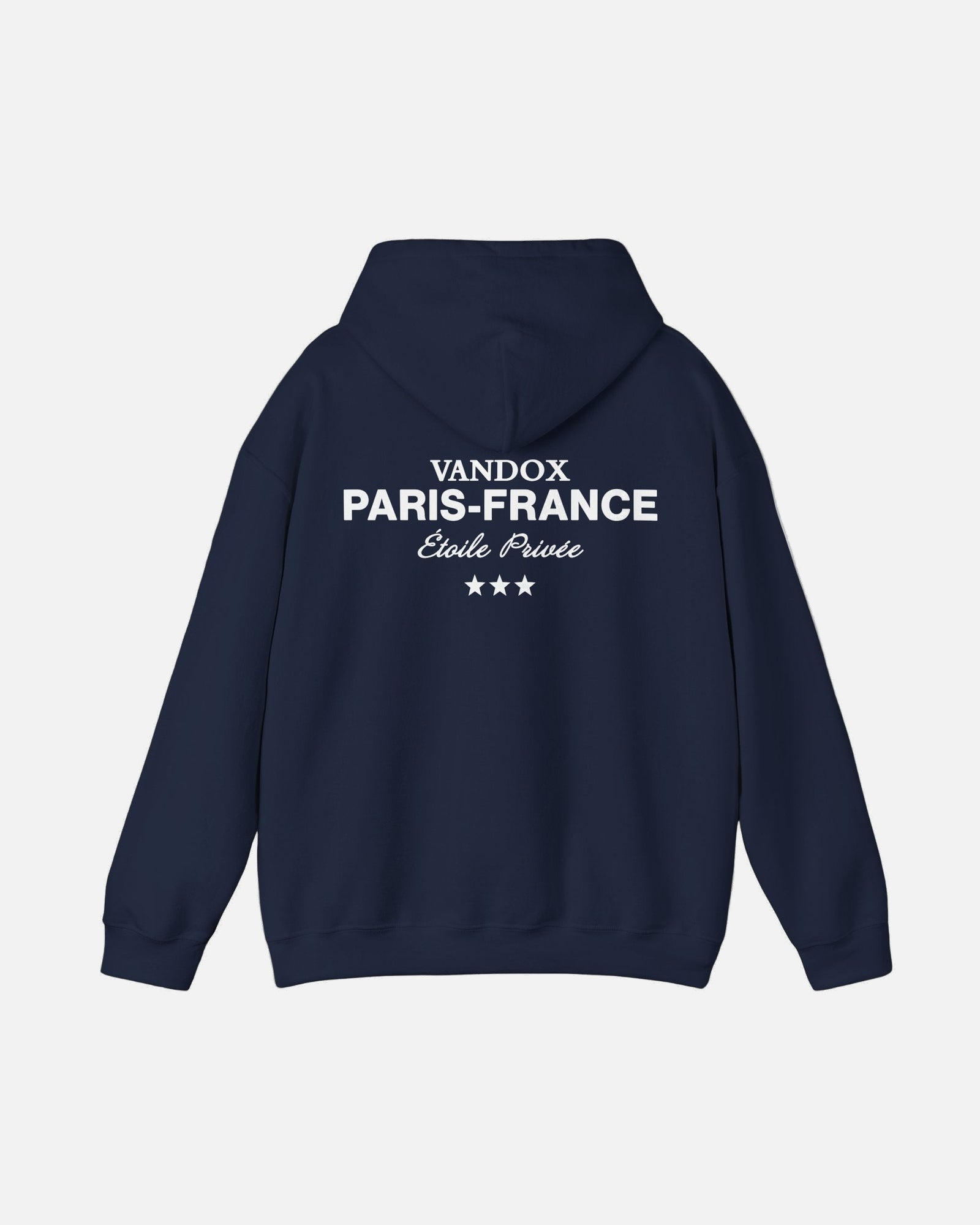 Back view of the Vandox deep dark blue navy Paris Heritage Hoodie featuring “Vandox Paris-France Étoile Privée” text and three-star graphic. Starboy old money hoodie sweatshirt clothes vandox sacrevandox vandox clothes vandox clothing