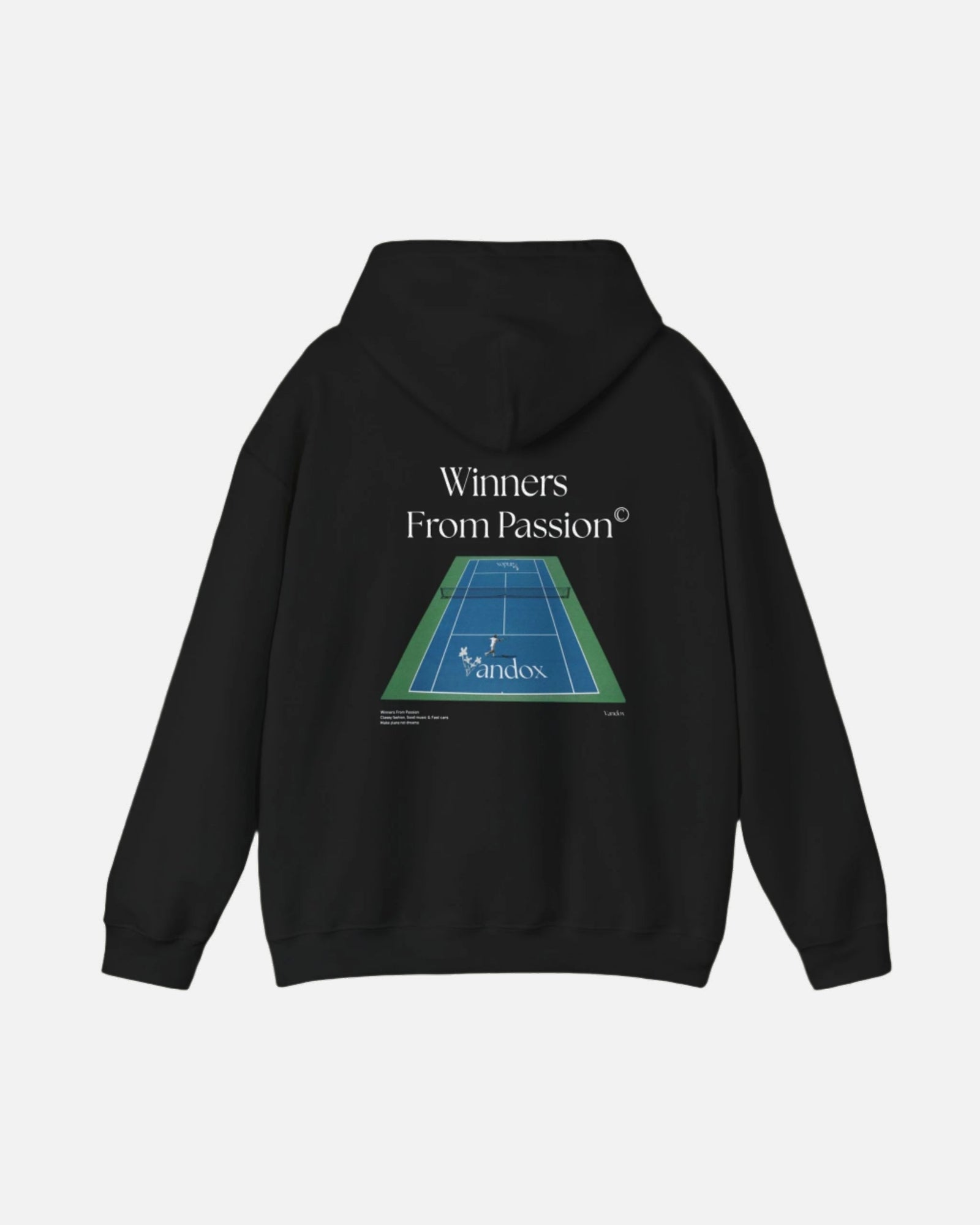 Black VANDOX Tennis Court Hoodie with VNX Vandox logo and tennis court design and "Winners From Passion" slogan. Starboy old money hoodie sweatshirt clothes vandox sacrevandox vandox clothes vandox clothing