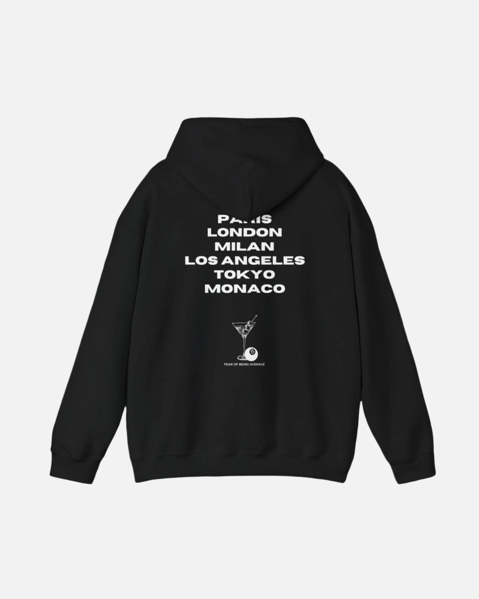 Deep Black Vandox hoodie featuring embroidered martini glass and 8-ball graphic on front, and bold city name typography with "Fear of Being Average" text on back. Starboy old money hoodie sweatshirt clothes vandox sacrevandox vandox clothes vandox clothing